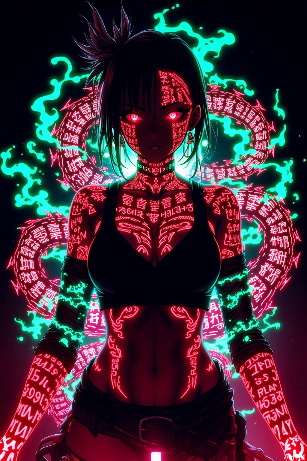 A cyberpunk - style anime female character. There are red glowing effects and runes. The character's entire body is covered with fluorescent and mysterious rune tattoos, densely packed. Her eyes glow red. The background is black, surrounded by neon - green and blue - white energy - flowing effects, creating a mysterious and dangerous atmosphere. The overall picture has a strong color contrast and a powerful visual impact. Her body is coiled by a fluorescent - glowing Eastern dragon. She strikes an exaggerated pose.