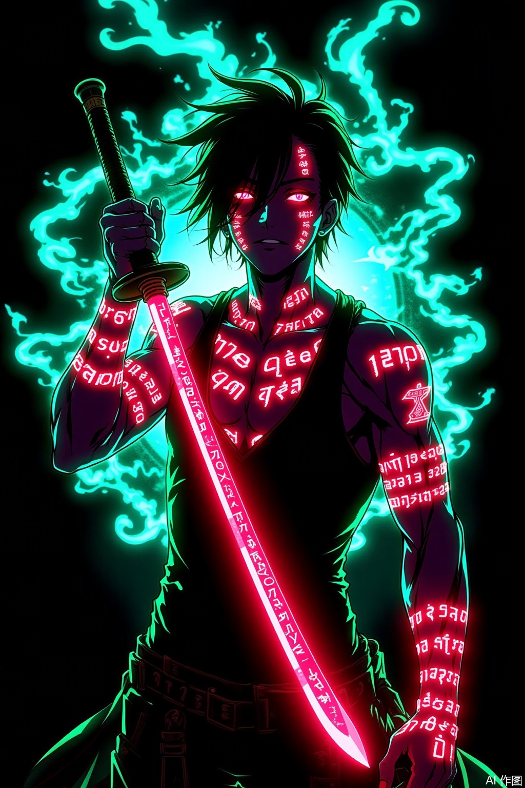 Cyberpunk - style anime character, holding a long blade with red glowing effects and runes. The character has fluorescent mysterious rune tattoos on their body, and their eyes emit a red glow. The background is black, surrounded by neon - green and blue - white energy - flowing effects, creating a mysterious and dangerous atmosphere. The overall color contrast in the picture is strong, with a powerful visual impact.