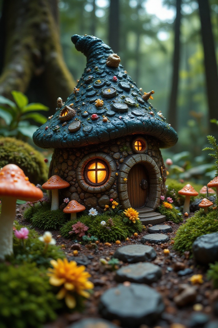 A whimsical,  fairy tale-inspired mushroom house nestled in a lush,  enchanted forest on Tensor.Art