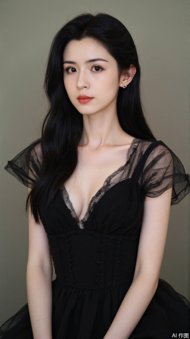 Hani Kyzy, 1girl, solo, long hair, looking at viewer, black hair, dress, sitting, collarbone, upper body, parted lips, mole, black eyes, black dress, lips, mole under eye, makeup, lipstick, red lips, UHD, super detail, high details, best quality, high quality, 8k