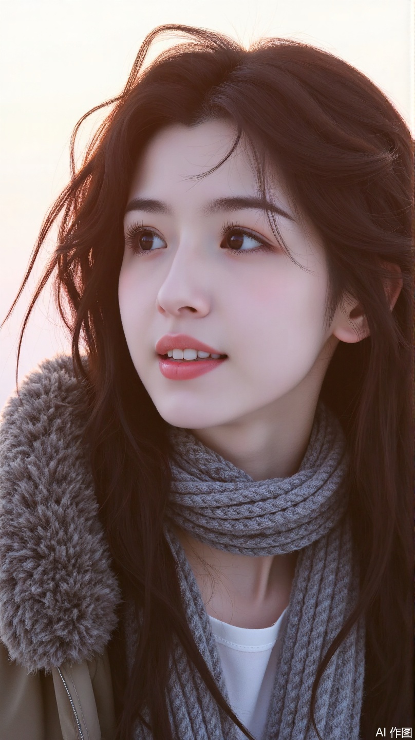 Hani Kyzy, 1girl, solo, long hair, brown hair, brown eyes, jacket, parted lips, teeth, scarf, lips, looking away, piercing, portrait, realistic, Nose, UHD, super detail, high details, best quality, high quality, 8k