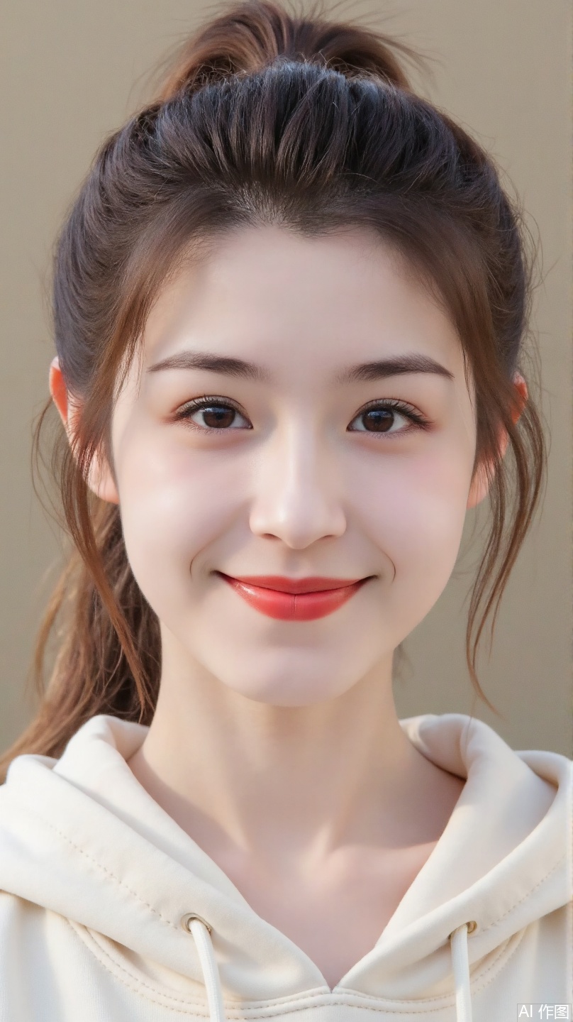 Hani Kyzy, 1girl, solo, looking at viewer, smile, brown hair, brown eyes, closed mouth, upper body, ponytail, hood, lips, hoodie, hood down, realistic, red lips, blurry, UHD, super detail, high details, high quality, best quality, 8k