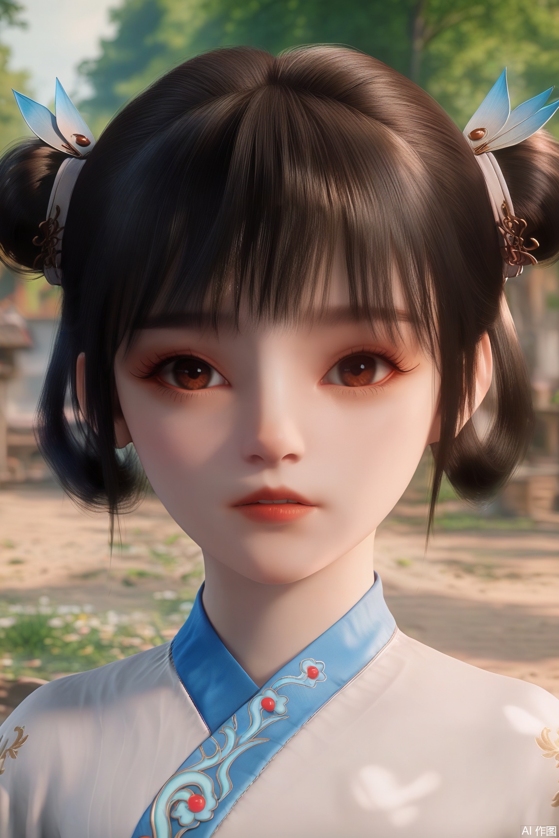 score_9, score_8_up, score_7_up,
1girl, solo, looking at viewer, short hair, bangs, black hair, hair ornament, brown eyes, upper body, outdoors, parted lips, blunt bangs, lips, chinese clothes 