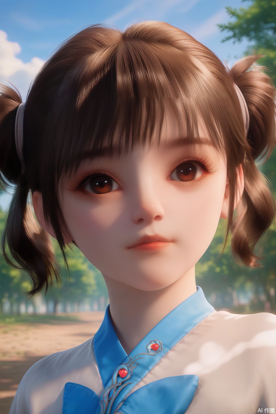 score_9, score_8_up, score_7_up,
1girl, solo, short hair, bangs, brown hair, twintails, brown eyes, upper body, outdoors, sky, day, cloud, tree, blue sky, 