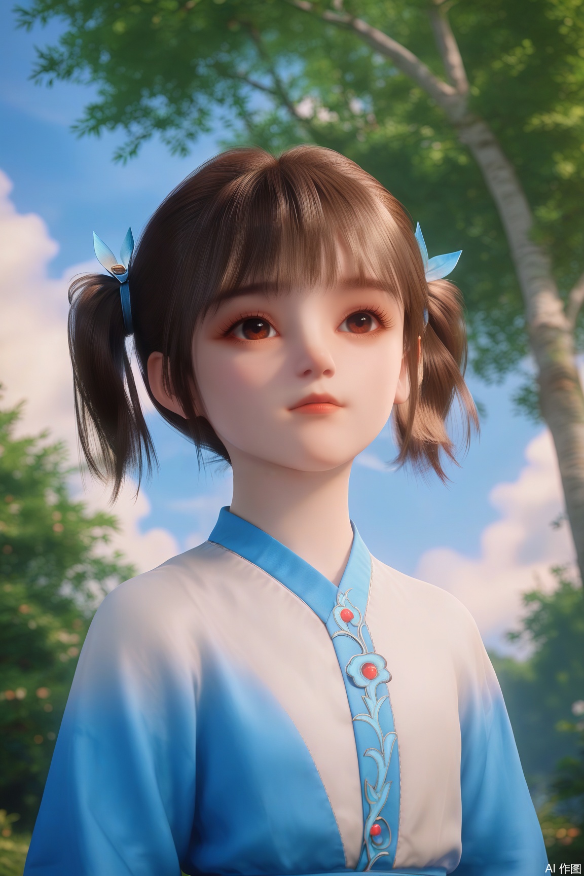 score_9, score_8_up, score_7_up,
1girl, solo, short hair, bangs, brown hair, twintails, brown eyes, upper body, outdoors, sky, day, cloud, tree, blue sky, 