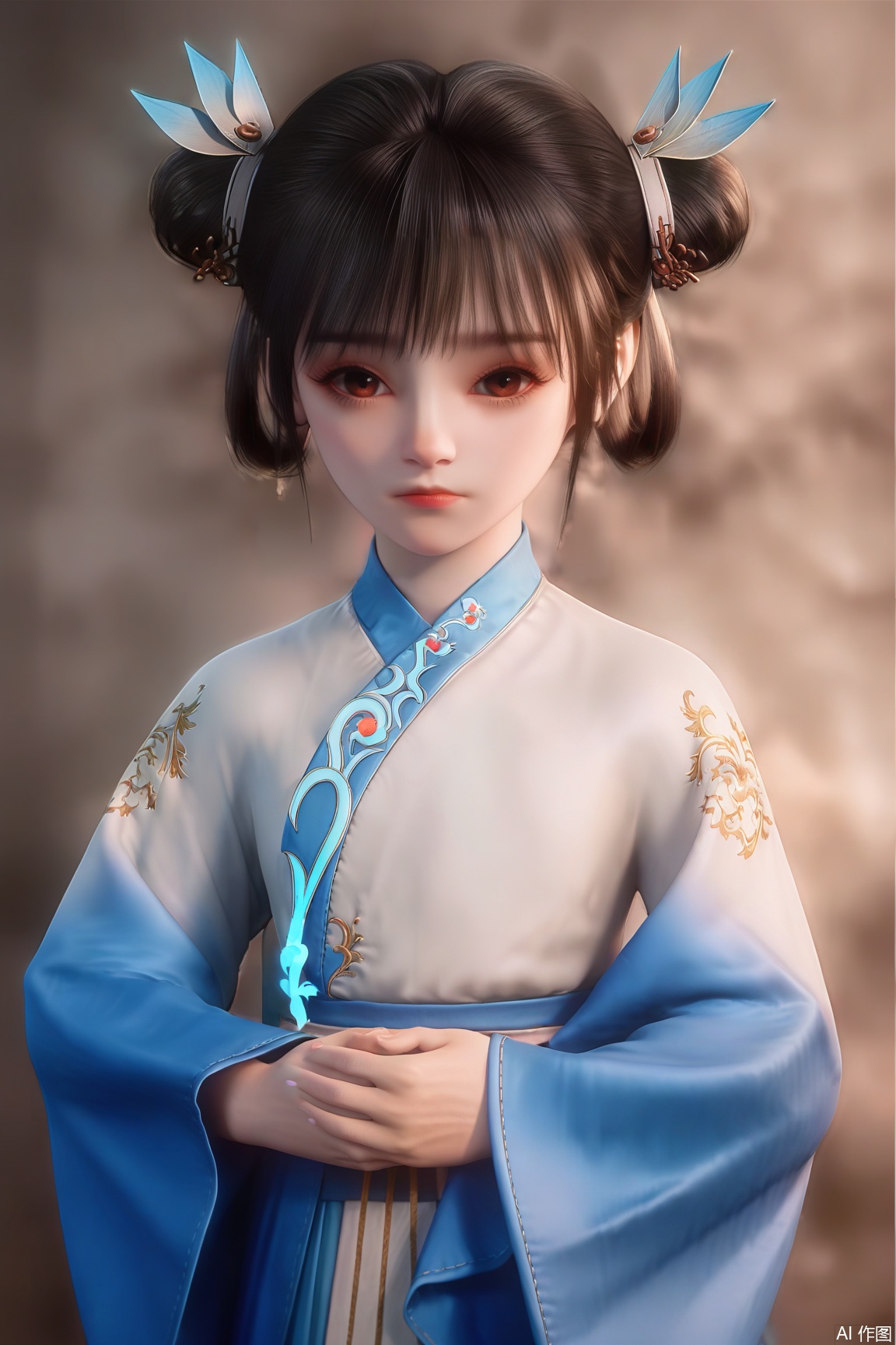 score_9, score_8_up, score_7_up,
1girl, solo, looking at viewer, short hair, bangs, black hair, hair ornament,long sleeves, dress, brown eyes, closed mouth, upper body, wide sleeves, hair bun, double bun, blue dress, chinese clothes, own hands together, hair rings,, 