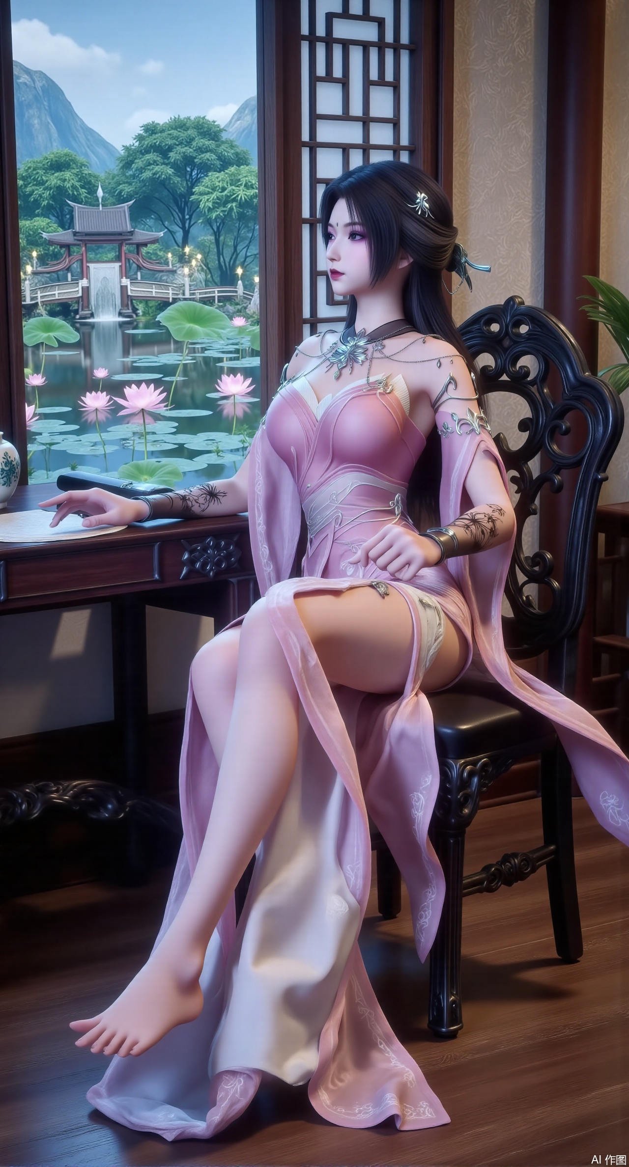 (masterpiece, best quality:1.2),1girl, solo, long dress,Ancient princess's boudoir with bright color palette,,(huge breasts:2.59),(full breasts:2.59), Hanfu-clad maiden sitting by latticed window desk in romantic daydreaming posture, classical Chinese garden through window showcasing lotus pond filled with blooming pink and white lotuses, delicate ink-wash painting style, interior featuring rosewood furniture with mother-of-pearl inlay, silk curtains fluttering in breeze, porcelain stationery set on desk, distant view of curved bridges and pavilions in garden, ultra HD rendering with crisp details on embroidered garments and translucent lotus petals,,(huge breasts:2.99),(full breasts:2.99),Xzhihua,Xsiyouyou,Xyanruyu,Xmoxiaonan,Xyeqingxian,Xyinxuehou,Xpoyuhou,XbaihehuaiX,Xjiangbilan,Xhuajin,XshengcaierY,Xmengyuyi,Xxiaomei,Xhujiaoer,Xfuxinyun,Xhumeier,XhewanyuzhiyaoY,XlimuwanBF