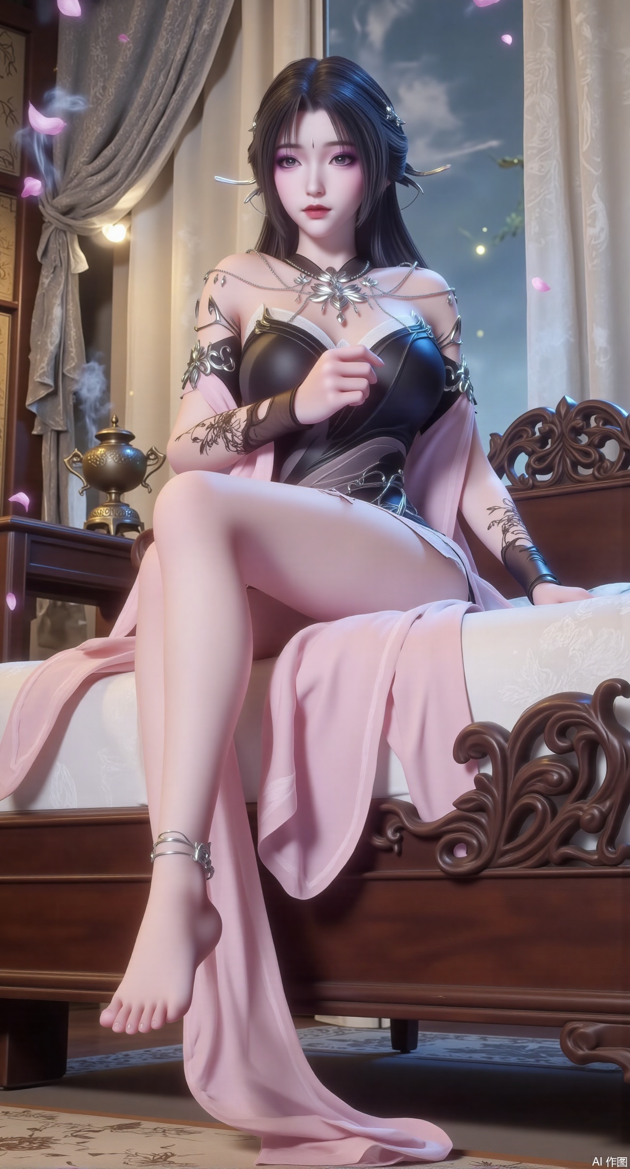 (masterpiece, best quality:1.2),Ancient Chinese boudoir scene, Hanfu dress ,sitting sideways on an intricately carved wooden bed, soft natural light filtering through sheer silk curtains, satin bedding with delicate sheen,, background featuring vintage dressing table and embroidered screen, falling plum blossom petals near window and wispy smoke from bronze incense burner, 8K resolution with intricate fabric draping and wood grain textures,,(huge breasts:2.99),(full breasts:2.99),Xzhihua,Xsiyouyou,Xyanruyu,Xmoxiaonan,Xyeqingxian,Xyinxuehou,Xpoyuhou,XbaihehuaiX,Xjiangbilan,Xhuajin,XshengcaierY,Xmengyuyi,Xxiaomei,Xhujiaoer,Xfuxinyun,Xhumeier,XhewanyuzhiyaoY,XlimuwanBF