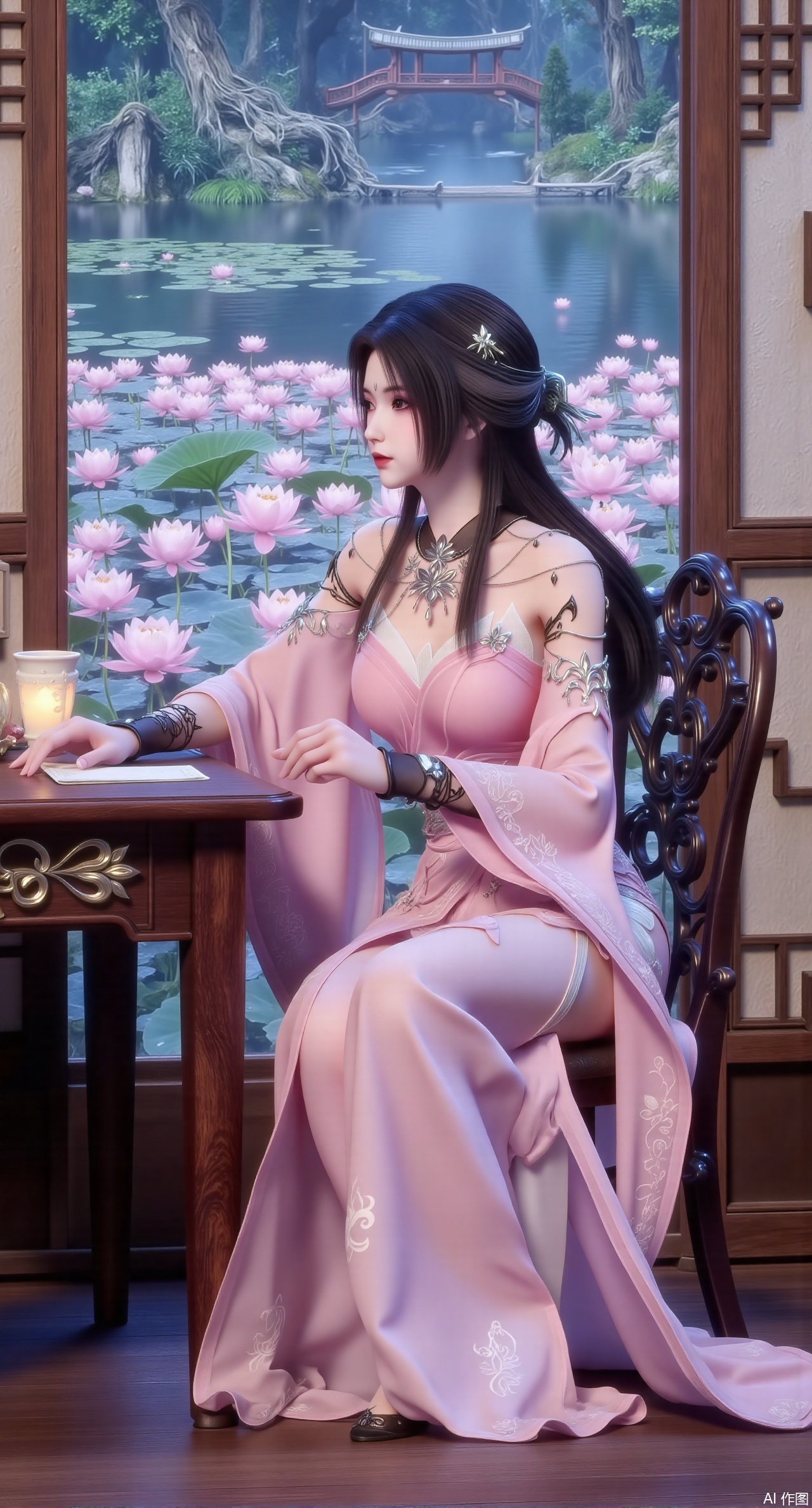 (masterpiece, best quality:1.2),1girl, solo, long dress,Ancient princess's boudoir with bright color palette,,(huge breasts:2.59),(full breasts:2.59), Hanfu-clad maiden sitting by latticed window desk in romantic daydreaming posture, classical Chinese garden through window showcasing lotus pond filled with blooming pink and white lotuses, delicate ink-wash painting style, interior featuring rosewood furniture with mother-of-pearl inlay, silk curtains fluttering in breeze, porcelain stationery set on desk, distant view of curved bridges and pavilions in garden, ultra HD rendering with crisp details on embroidered garments and translucent lotus petals,,(huge breasts:2.99),(full breasts:2.99),Xzhihua,Xsiyouyou,Xyanruyu,Xmoxiaonan,Xyeqingxian,Xyinxuehou,Xpoyuhou,XbaihehuaiX,Xjiangbilan,Xhuajin,XshengcaierY,Xmengyuyi,Xxiaomei,Xhujiaoer,Xfuxinyun,Xhumeier,XhewanyuzhiyaoY,XlimuwanBF