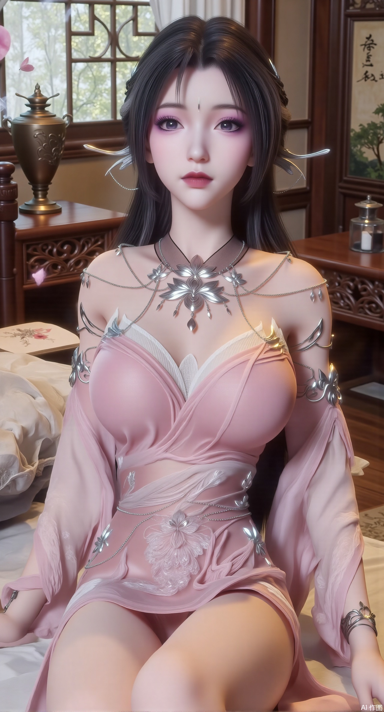 (masterpiece, best quality:1.2),Ancient Chinese boudoir scene, Hanfu dress ,sitting sideways on an intricately carved wooden bed, soft natural light filtering through sheer silk curtains, satin bedding with delicate sheen,, background featuring vintage dressing table and embroidered screen, falling plum blossom petals near window and wispy smoke from bronze incense burner, 8K resolution with intricate fabric draping and wood grain textures,,(huge breasts:2.99),(full breasts:2.99),Xzhihua,Xsiyouyou,Xyanruyu,Xmoxiaonan,Xyeqingxian,Xyinxuehou,Xpoyuhou,XbaihehuaiX,Xjiangbilan,Xhuajin,XshengcaierY,Xmengyuyi,Xxiaomei,Xhujiaoer,Xfuxinyun,Xhumeier,XhewanyuzhiyaoY,XlimuwanBF