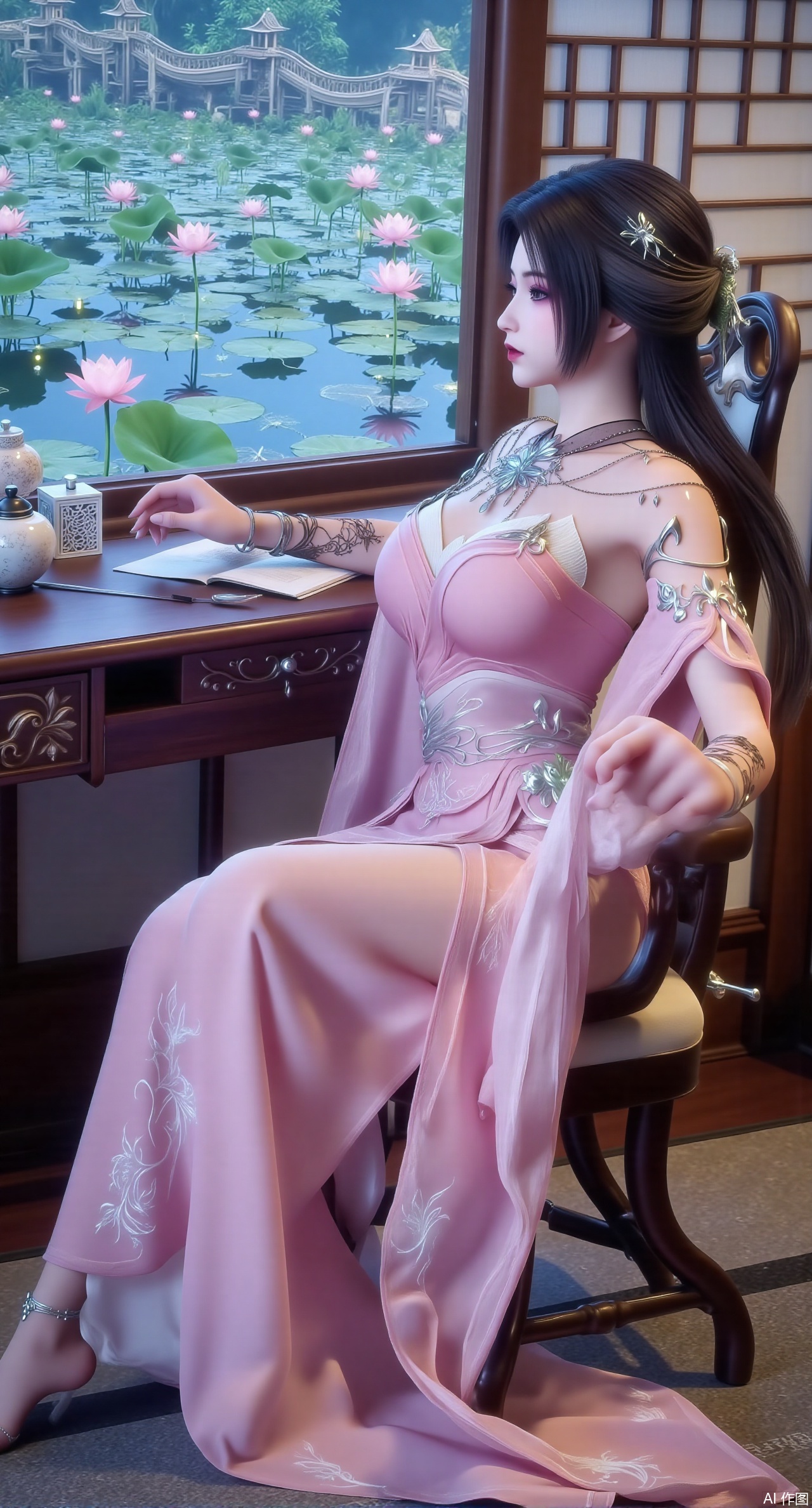 (masterpiece, best quality:1.2),1girl, solo, long dress,Ancient princess's boudoir with bright color palette,,(huge breasts:2.59),(full breasts:2.59), Hanfu-clad maiden sitting by latticed window desk in romantic daydreaming posture, classical Chinese garden through window showcasing lotus pond filled with blooming pink and white lotuses, delicate ink-wash painting style, interior featuring rosewood furniture with mother-of-pearl inlay, silk curtains fluttering in breeze, porcelain stationery set on desk, distant view of curved bridges and pavilions in garden, ultra HD rendering with crisp details on embroidered garments and translucent lotus petals,,(huge breasts:2.99),(full breasts:2.99),Xzhihua,Xsiyouyou,Xyanruyu,Xmoxiaonan,Xyeqingxian,Xyinxuehou,Xpoyuhou,XbaihehuaiX,Xjiangbilan,Xhuajin,XshengcaierY,Xmengyuyi,Xxiaomei,Xhujiaoer,Xfuxinyun,Xhumeier,XhewanyuzhiyaoY,XlimuwanBF