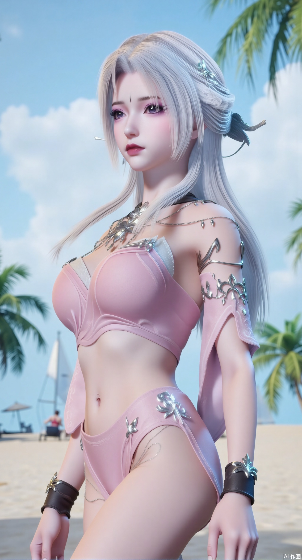 (masterpiece:1.2),best quality,absurdres,masterpiece,original,extremely detailed wallpaper,perfect lighting,1girl,solo,looking at viewer,(cowboy_shot:1.3),short hair,high heels,blurry background,depth of field,motion blur,crystal_earrings,headpiece,in summer,day,outdoors,nature,(standing,Seaside, beach, sailboat, coconut trees:1.59),(huge breasts:2.99),(full breasts:2.99),Xzhihua,Xsiyouyou,Xyanruyu,Xmoxiaonan,Xyeqingxian,Xyinxuehou,Xpoyuhou,XbaihehuaiX,Xjiangbilan,Xhuajin,XshengcaierY,Xmengyuyi,Xxiaomei,Xhujiaoer,Xfuxinyun,Xhumeier,XhewanyuzhiyaoY,XlimuwanBF