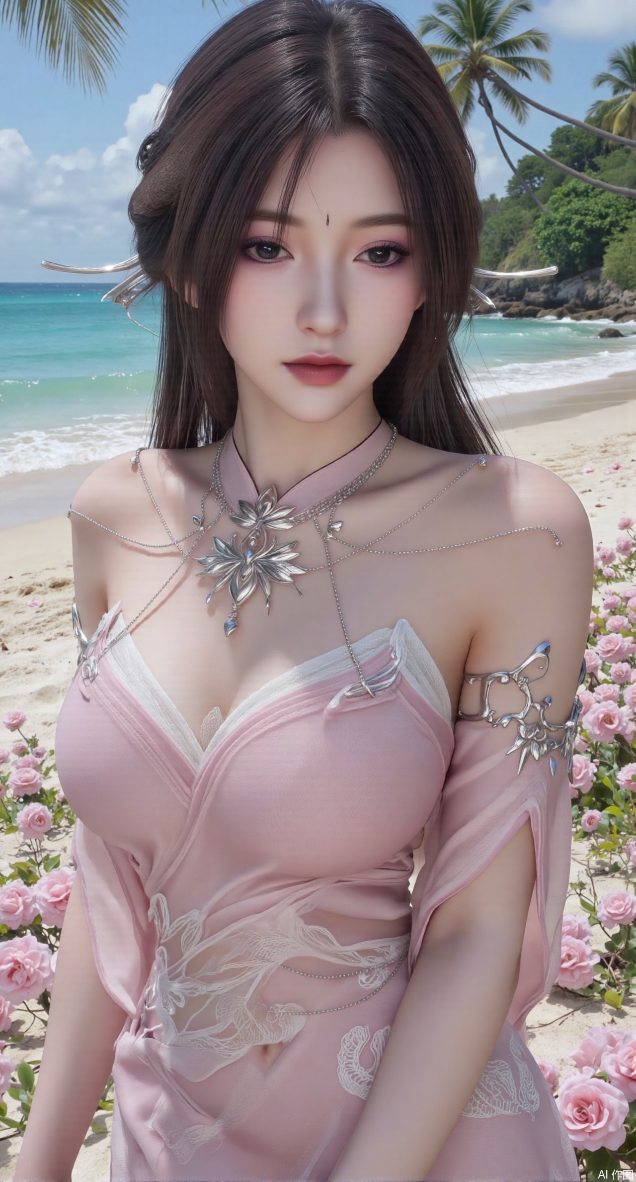 (masterpiece:1.2),best quality,absurdres,masterpiece,original,extremely detailed wallpaper,perfect lighting,Golden sandy beach covered with vibrant flowers, turquoise waves gently lapping the shore, , bright flower clusters spreading from sand to palm tree roots, soft natural light filtering through coconut leaves, ocean breeze lifting hair and qipao hem, high-resolution details showcasing petal textures and silk fabric sheen, ultra-wide angle lens capturing coastline panorama, cinematic color grading with soft focus on the central figure,(huge breasts:2.99),(full breasts:2.99),(pink rose flowers:1.39),Xanmiaoyi,Xyunwangshu,XlishaoyinY,Xbaixue,XanmiaoyiY,Xxiuqiuhua,XbaiyuerongY,XyunyunX,XqingnvzongZM,Xjuzi,Xshangguanweier,XanmiaoyiXY,XyunyunXY,Xjiangziyue,Xmeining,Xweinina,Xlenhuan,Xbabata,Xhuajin,Xjiangbilan,XbaihehuaiX,Xfuxinyun,Xhumeier,XhewanyuzhiyaoY,XlimuwanBF