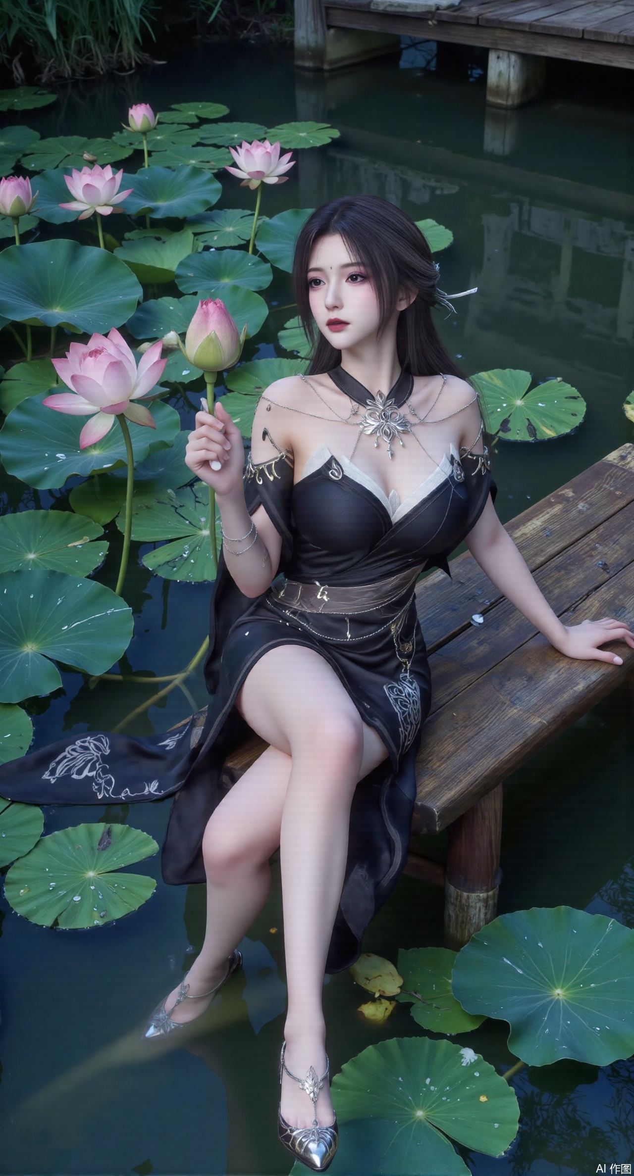 (masterpiece:1.2),best quality,The image is a digital illustration of a young woman sitting on a wooden bench in a pond with lily pads. She is wearing a long dress with design on the chest and sleeves. The dress has a high neckline and short sleeves,Holding a lotus in hand. She has long dark hair styled in loose waves and is wearing gold high heels. The woman is posing with one hand on her hip and the other resting on the edge of the bench. The background is filled with pink and white lotus flowers and green leaves. The overall mood of the image is peaceful and serene,(huge breasts:2.99),(full breasts:2.99),(Background with traditional Chinese architecture, lotus pond and pink lotus flowers:1.39),Xanmiaoyi,Xyunwangshu,XlishaoyinY,Xbaixue,XanmiaoyiY,Xxiuqiuhua,XbaiyuerongY,XyunyunX,XqingnvzongZM,Xjuzi,Xshangguanweier,XanmiaoyiXY,XyunyunXY,Xjiangziyue,Xmeining,Xweinina,Xlenhuan,Xbabata,Xhuajin,Xjiangbilan,XbaihehuaiX,Xfuxinyun,Xhumeier,XhewanyuzhiyaoY,XlimuwanBF
