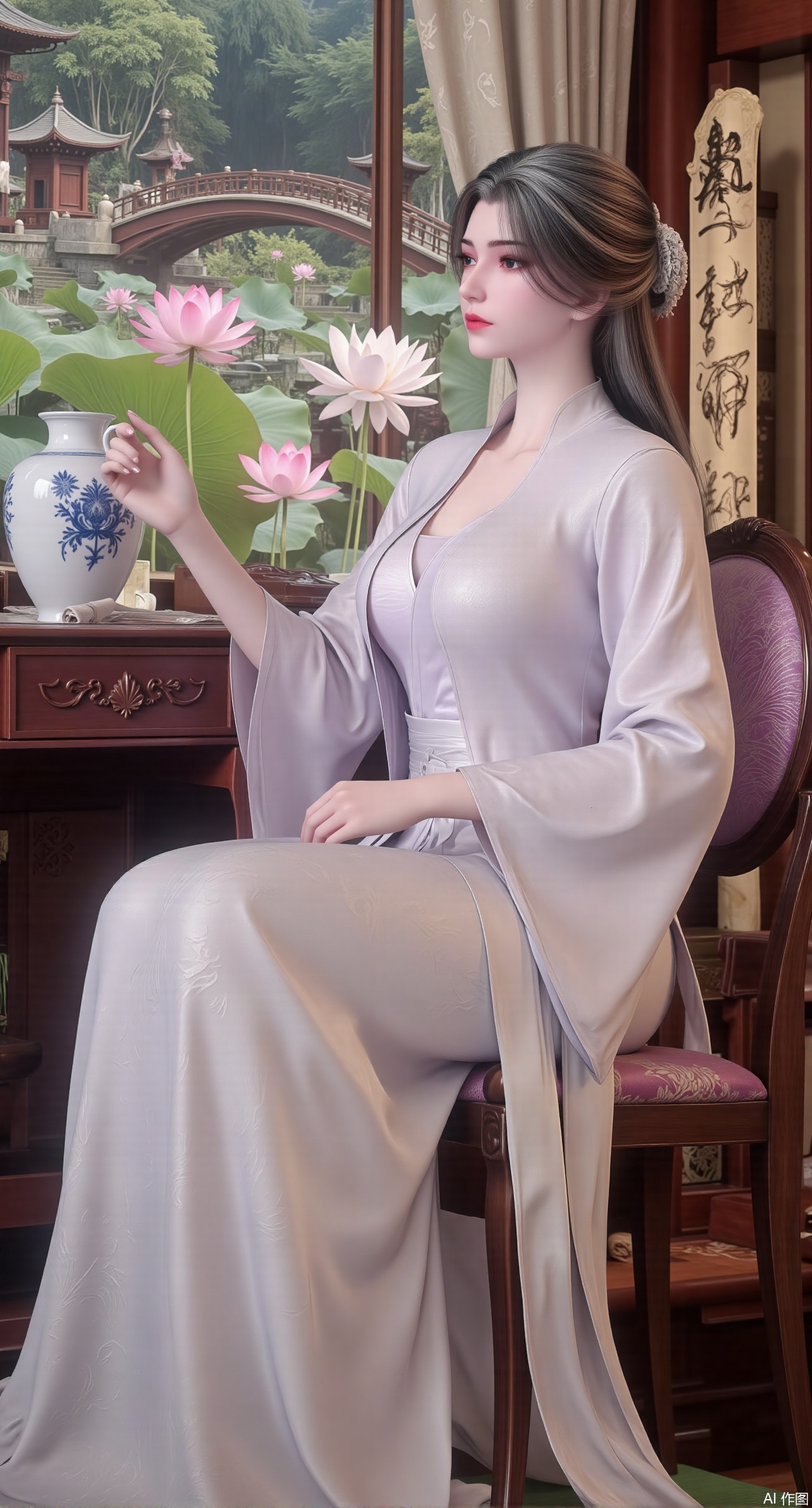 (masterpiece, best quality:1.2),1girl, solo, long dress,Ancient princess's boudoir with bright color palette,,(huge breasts:2.59),(full breasts:2.59), Hanfu-clad maiden sitting by latticed window desk in romantic daydreaming posture, classical Chinese garden through window showcasing lotus pond filled with blooming pink and white lotuses, delicate ink-wash painting style, interior featuring rosewood furniture with mother-of-pearl inlay, silk curtains fluttering in breeze, porcelain stationery set on desk, distant view of curved bridges and pavilions in garden, ultra HD rendering with crisp details on embroidered garments and translucent lotus petals,,(huge breasts:2.99),(full breasts:2.99),Xzhihua,Xsiyouyou,Xyanruyu,Xmoxiaonan,Xyeqingxian,Xyinxuehou,Xpoyuhou,XbaihehuaiX,Xjiangbilan,Xhuajin,XshengcaierY,Xmengyuyi,Xxiaomei,Xhujiaoer,Xfuxinyun,Xhumeier,XhewanyuzhiyaoY,XlimuwanBF