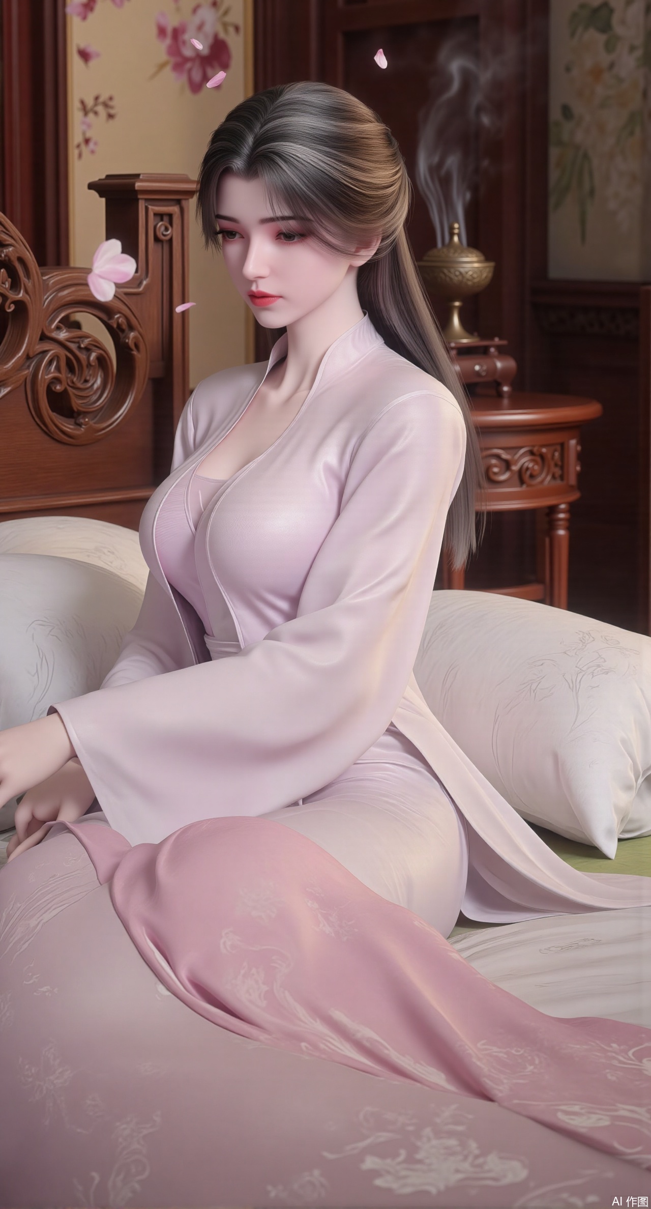 (masterpiece, best quality:1.2),Ancient Chinese boudoir scene, Hanfu dress ,sitting sideways on an intricately carved wooden bed, soft natural light filtering through sheer silk curtains, satin bedding with delicate sheen,, background featuring vintage dressing table and embroidered screen, falling plum blossom petals near window and wispy smoke from bronze incense burner, 8K resolution with intricate fabric draping and wood grain textures,,(huge breasts:2.99),(full breasts:2.99),Xzhihua,Xsiyouyou,Xyanruyu,Xmoxiaonan,Xyeqingxian,Xyinxuehou,Xpoyuhou,XbaihehuaiX,Xjiangbilan,Xhuajin,XshengcaierY,Xmengyuyi,Xxiaomei,Xhujiaoer,Xfuxinyun,Xhumeier,XhewanyuzhiyaoY,XlimuwanBF