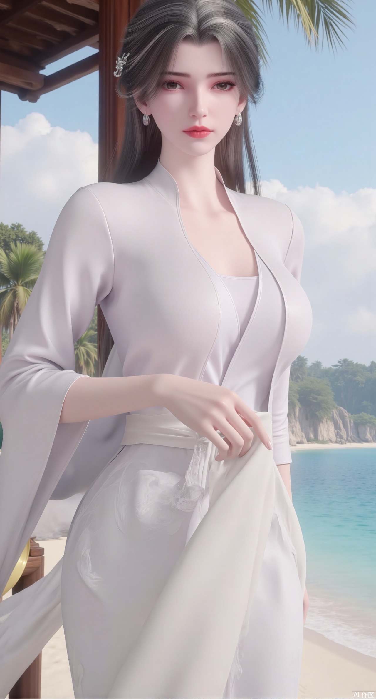 (masterpiece:1.2),best quality,absurdres,masterpiece,original,extremely detailed wallpaper,perfect lighting,1girl,solo,looking at viewer,(cowboy_shot:1.3),short hair,high heels,blurry background,depth of field,motion blur,crystal_earrings,headpiece,in summer,day,outdoors,nature,(standing,Seaside, beach, sailboat, coconut trees:1.59),(huge breasts:2.99),(full breasts:2.99),Xzhihua,Xsiyouyou,Xyanruyu,Xmoxiaonan,Xyeqingxian,Xyinxuehou,Xpoyuhou,XbaihehuaiX,Xjiangbilan,Xhuajin,XshengcaierY,Xmengyuyi,Xxiaomei,Xhujiaoer,Xfuxinyun,Xhumeier,XhewanyuzhiyaoY,XlimuwanBF