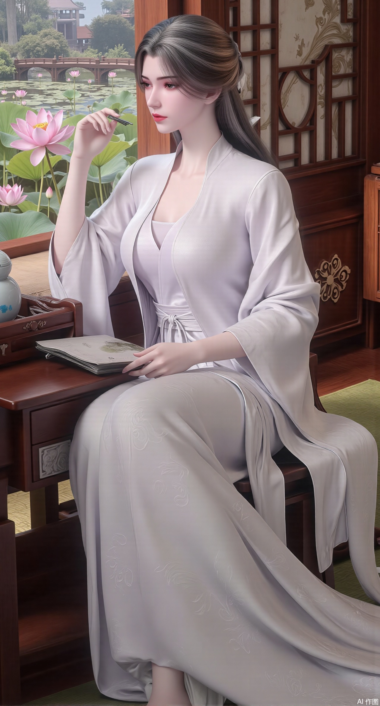 (masterpiece, best quality:1.2),1girl, solo, long dress,Ancient princess's boudoir with bright color palette,,(huge breasts:2.59),(full breasts:2.59), Hanfu-clad maiden sitting by latticed window desk in romantic daydreaming posture, classical Chinese garden through window showcasing lotus pond filled with blooming pink and white lotuses, delicate ink-wash painting style, interior featuring rosewood furniture with mother-of-pearl inlay, silk curtains fluttering in breeze, porcelain stationery set on desk, distant view of curved bridges and pavilions in garden, ultra HD rendering with crisp details on embroidered garments and translucent lotus petals,,(huge breasts:2.99),(full breasts:2.99),Xzhihua,Xsiyouyou,Xyanruyu,Xmoxiaonan,Xyeqingxian,Xyinxuehou,Xpoyuhou,XbaihehuaiX,Xjiangbilan,Xhuajin,XshengcaierY,Xmengyuyi,Xxiaomei,Xhujiaoer,Xfuxinyun,Xhumeier,XhewanyuzhiyaoY,XlimuwanBF