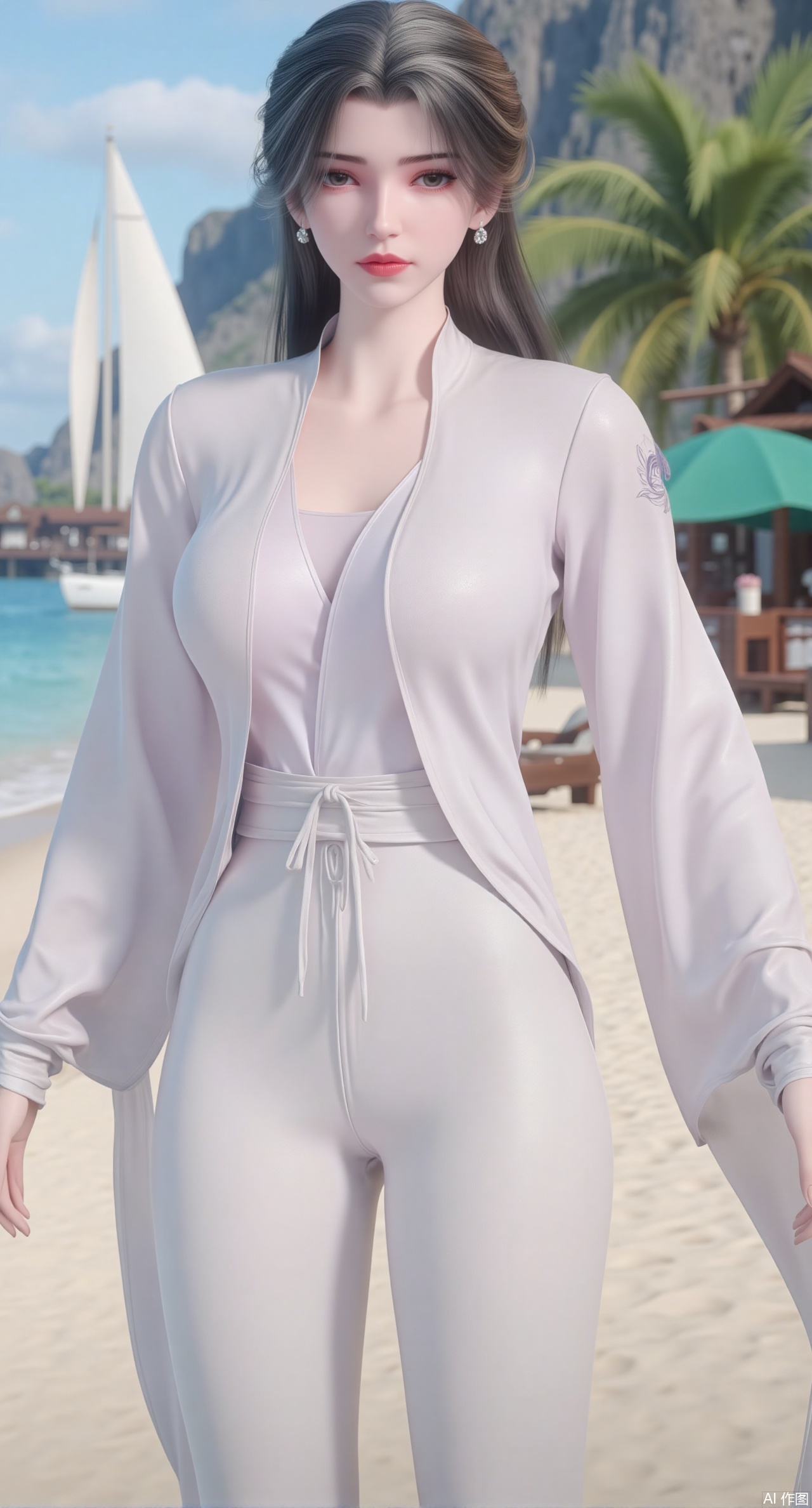 (masterpiece:1.2),best quality,absurdres,masterpiece,original,extremely detailed wallpaper,perfect lighting,1girl,solo,looking at viewer,(cowboy_shot:1.3),short hair,high heels,blurry background,depth of field,motion blur,crystal_earrings,headpiece,in summer,day,outdoors,nature,(standing,Seaside, beach, sailboat, coconut trees:1.59),(huge breasts:2.99),(full breasts:2.99),Xzhihua,Xsiyouyou,Xyanruyu,Xmoxiaonan,Xyeqingxian,Xyinxuehou,Xpoyuhou,XbaihehuaiX,Xjiangbilan,Xhuajin,XshengcaierY,Xmengyuyi,Xxiaomei,Xhujiaoer,Xfuxinyun,Xhumeier,XhewanyuzhiyaoY,XlimuwanBF