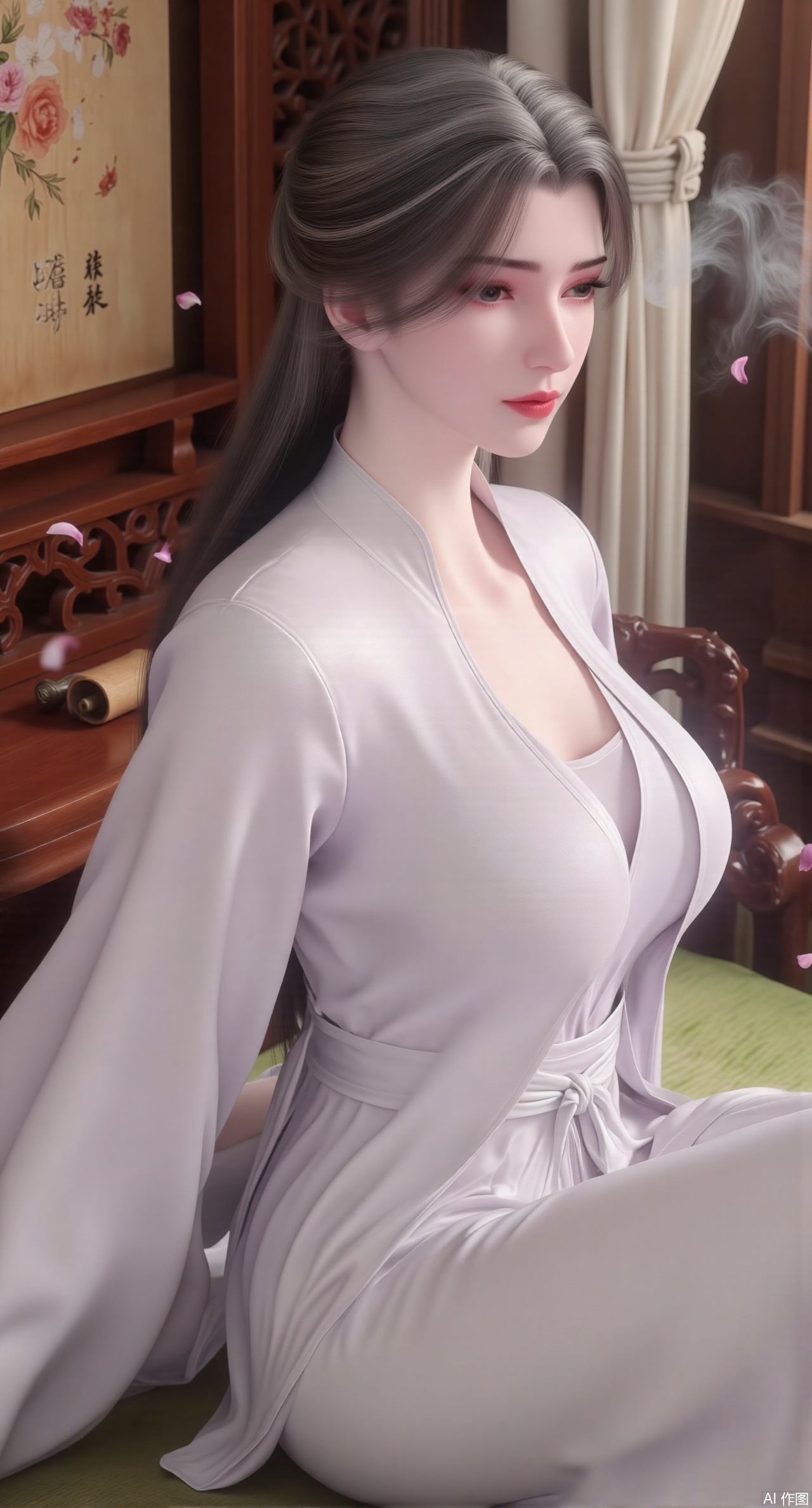 (masterpiece, best quality:1.2),Ancient Chinese boudoir scene, Hanfu dress ,sitting sideways on an intricately carved wooden bed, soft natural light filtering through sheer silk curtains, satin bedding with delicate sheen,, background featuring vintage dressing table and embroidered screen, falling plum blossom petals near window and wispy smoke from bronze incense burner, 8K resolution with intricate fabric draping and wood grain textures,,(huge breasts:2.99),(full breasts:2.99),Xzhihua,Xsiyouyou,Xyanruyu,Xmoxiaonan,Xyeqingxian,Xyinxuehou,Xpoyuhou,XbaihehuaiX,Xjiangbilan,Xhuajin,XshengcaierY,Xmengyuyi,Xxiaomei,Xhujiaoer,Xfuxinyun,Xhumeier,XhewanyuzhiyaoY,XlimuwanBF