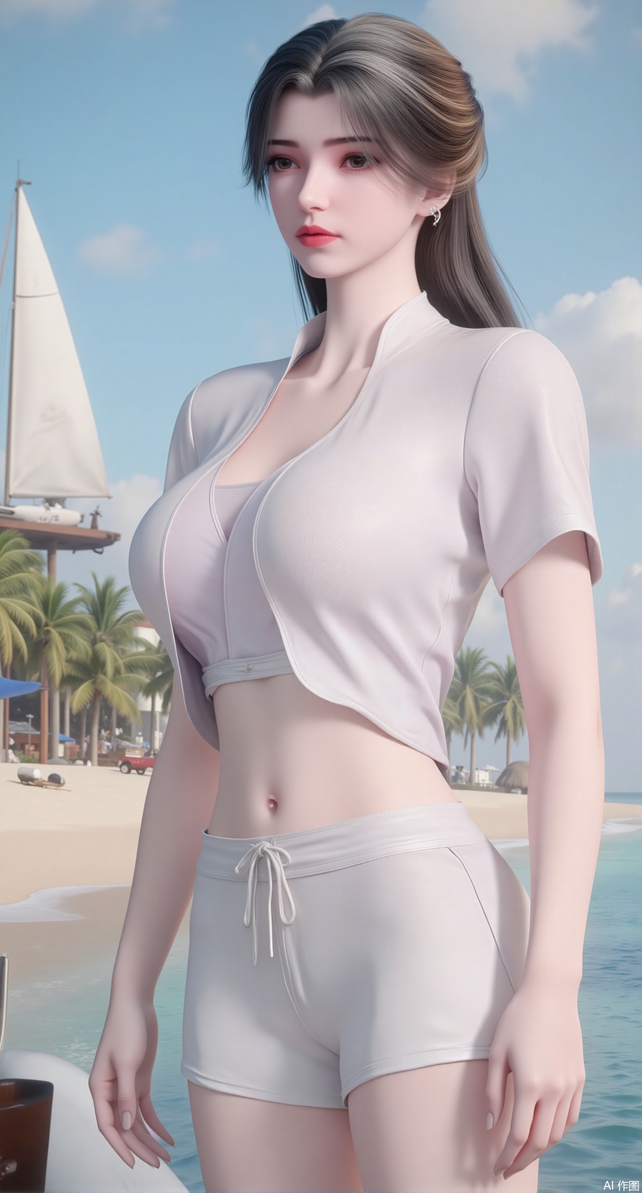 (masterpiece:1.2),best quality,absurdres,masterpiece,original,extremely detailed wallpaper,perfect lighting,1girl,solo,looking at viewer,(cowboy_shot:1.3),short hair,high heels,blurry background,depth of field,motion blur,crystal_earrings,headpiece,in summer,day,outdoors,nature,(standing,Seaside, beach, sailboat, coconut trees:1.59),(huge breasts:2.99),(full breasts:2.99),Xzhihua,Xsiyouyou,Xyanruyu,Xmoxiaonan,Xyeqingxian,Xyinxuehou,Xpoyuhou,XbaihehuaiX,Xjiangbilan,Xhuajin,XshengcaierY,Xmengyuyi,Xxiaomei,Xhujiaoer,Xfuxinyun,Xhumeier,XhewanyuzhiyaoY,XlimuwanBF