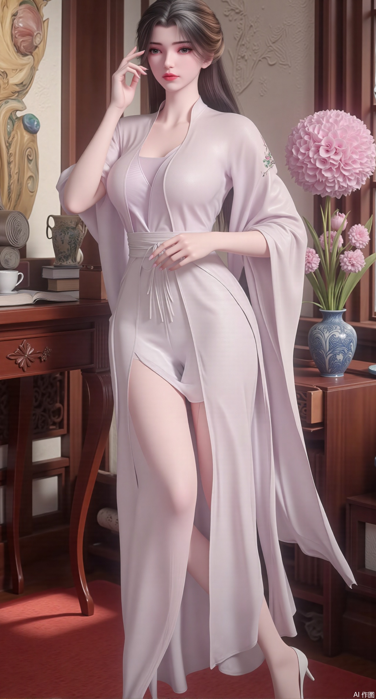 (masterpiece:1.2),Ultra clear, wallpaper, 8k, masterpiece, 1girl, solo, long hair, breasts, looking at viewer, bangs, large breasts,long dress,, bare shoulders, jewelry, black hair, standing, purple eyes, full body, flower, thighs, indoors, hair bun, long dress, high heels, cup, see-through, book, bare legs, window, table, white footwear, standing on one leg, curtains, pink flower, side slit, vase, ,(huge breasts:2.99),(full breasts:2.99),Xzhihua,Xsiyouyou,Xyanruyu,Xmoxiaonan,Xyeqingxian,Xyinxuehou,Xpoyuhou,XbaihehuaiX,Xjiangbilan,Xhuajin,XshengcaierY,Xmengyuyi,Xxiaomei,Xhujiaoer,Xfuxinyun,Xhumeier,XhewanyuzhiyaoY,XlimuwanBF