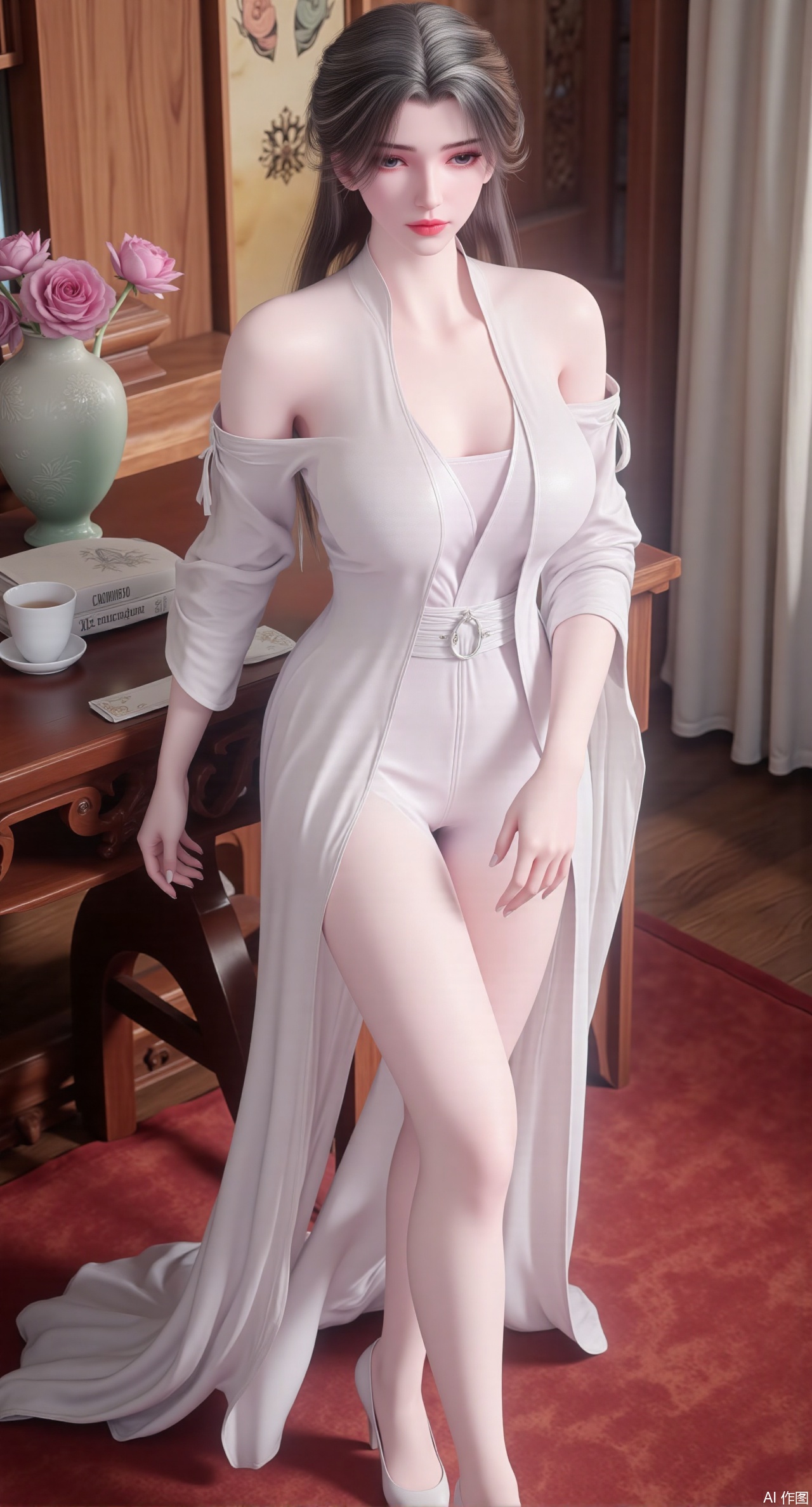 (masterpiece:1.2),Ultra clear, wallpaper, 8k, masterpiece, 1girl, solo, long hair, breasts, looking at viewer, bangs, large breasts,long dress,, bare shoulders, jewelry, black hair, standing, purple eyes, full body, flower, thighs, indoors, hair bun, long dress, high heels, cup, see-through, book, bare legs, window, table, white footwear, standing on one leg, curtains, pink flower, side slit, vase, ,(huge breasts:2.99),(full breasts:2.99),Xzhihua,Xsiyouyou,Xyanruyu,Xmoxiaonan,Xyeqingxian,Xyinxuehou,Xpoyuhou,XbaihehuaiX,Xjiangbilan,Xhuajin,XshengcaierY,Xmengyuyi,Xxiaomei,Xhujiaoer,Xfuxinyun,Xhumeier,XhewanyuzhiyaoY,XlimuwanBF