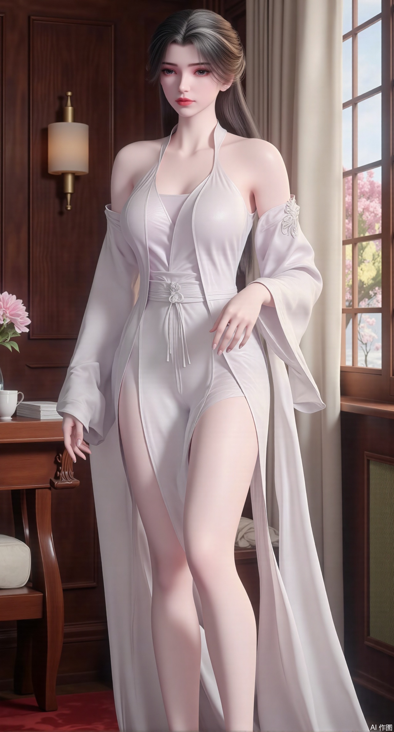 (masterpiece:1.2),Ultra clear, wallpaper, 8k, masterpiece, 1girl, solo, long hair, breasts, looking at viewer, bangs, large breasts,long dress,, bare shoulders, jewelry, black hair, standing, purple eyes, full body, flower, thighs, indoors, hair bun, long dress, high heels, cup, see-through, book, bare legs, window, table, white footwear, standing on one leg, curtains, pink flower, side slit, vase, ,(huge breasts:2.99),(full breasts:2.99),Xzhihua,Xsiyouyou,Xyanruyu,Xmoxiaonan,Xyeqingxian,Xyinxuehou,Xpoyuhou,XbaihehuaiX,Xjiangbilan,Xhuajin,XshengcaierY,Xmengyuyi,Xxiaomei,Xhujiaoer,Xfuxinyun,Xhumeier,XhewanyuzhiyaoY,XlimuwanBF