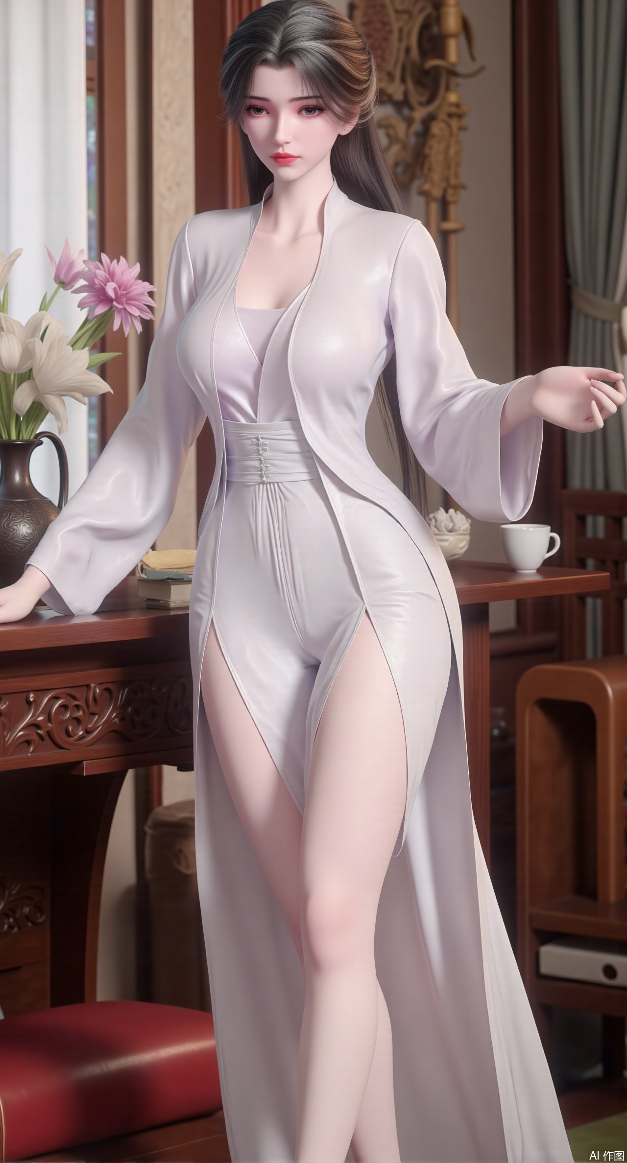 (masterpiece:1.2),Ultra clear, wallpaper, 8k, masterpiece, 1girl, solo, long hair, breasts, looking at viewer, bangs, large breasts,long dress,, bare shoulders, jewelry, black hair, standing, purple eyes, full body, flower, thighs, indoors, hair bun, long dress, high heels, cup, see-through, book, bare legs, window, table, white footwear, standing on one leg, curtains, pink flower, side slit, vase, ,(huge breasts:2.99),(full breasts:2.99),Xzhihua,Xsiyouyou,Xyanruyu,Xmoxiaonan,Xyeqingxian,Xyinxuehou,Xpoyuhou,XbaihehuaiX,Xjiangbilan,Xhuajin,XshengcaierY,Xmengyuyi,Xxiaomei,Xhujiaoer,Xfuxinyun,Xhumeier,XhewanyuzhiyaoY,XlimuwanBF