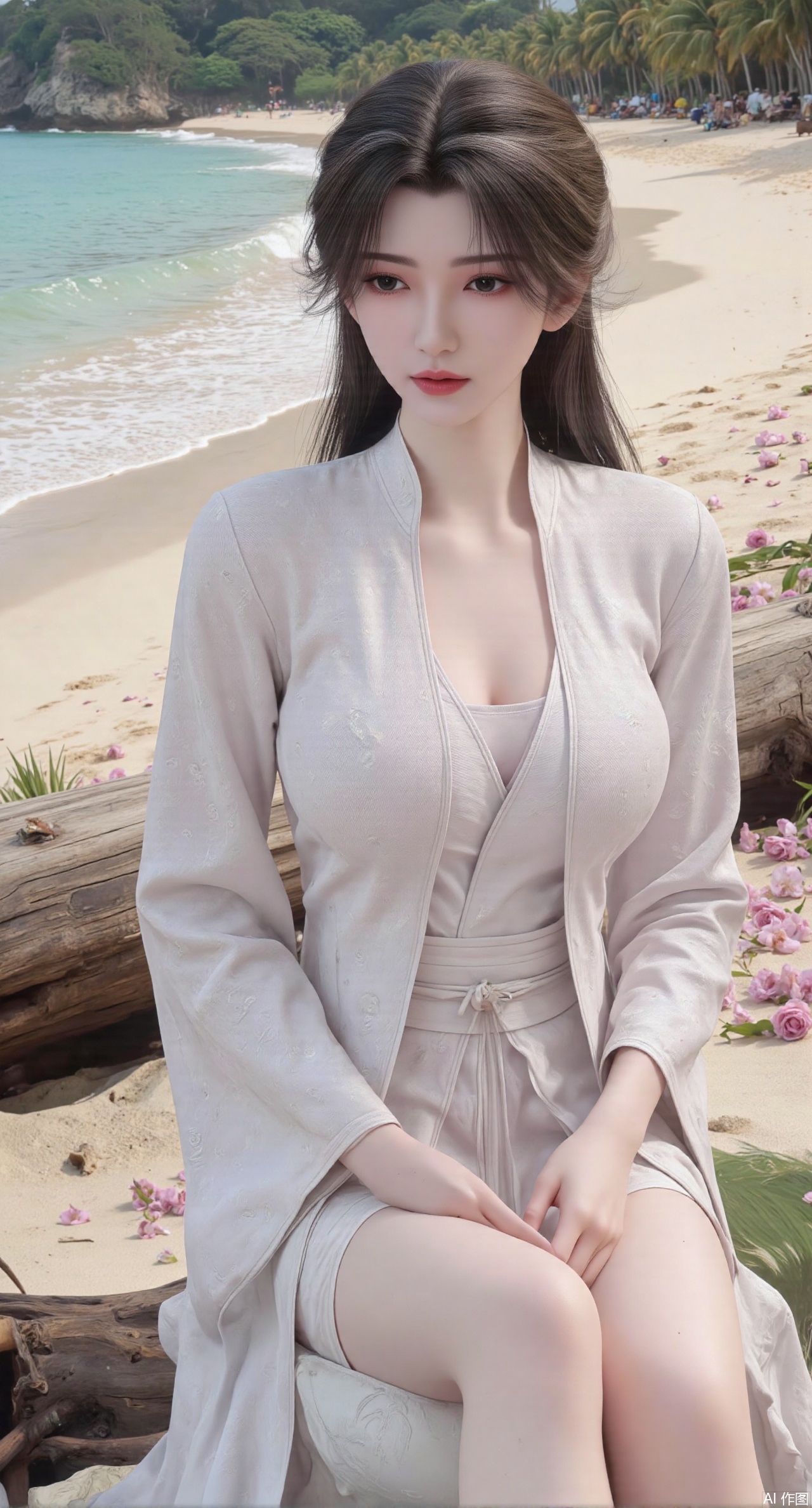 (masterpiece:1.2),best quality,absurdres,masterpiece,original,extremely detailed wallpaper,perfect lighting,Golden sandy beach covered with vibrant flowers, turquoise waves gently lapping the shore, , bright flower clusters spreading from sand to palm tree roots, soft natural light filtering through coconut leaves, ocean breeze lifting hair and qipao hem, high-resolution details showcasing petal textures and silk fabric sheen, ultra-wide angle lens capturing coastline panorama, cinematic color grading with soft focus on the central figure,(huge breasts:2.99),(full breasts:2.99),(pink rose flowers:1.39),Xanmiaoyi,Xyunwangshu,XlishaoyinY,Xbaixue,XanmiaoyiY,Xxiuqiuhua,XbaiyuerongY,XyunyunX,XqingnvzongZM,Xjuzi,Xshangguanweier,XanmiaoyiXY,XyunyunXY,Xjiangziyue,Xmeining,Xweinina,Xlenhuan,Xbabata,Xhuajin,Xjiangbilan,XbaihehuaiX,Xfuxinyun,Xhumeier,XhewanyuzhiyaoY,XlimuwanBF
