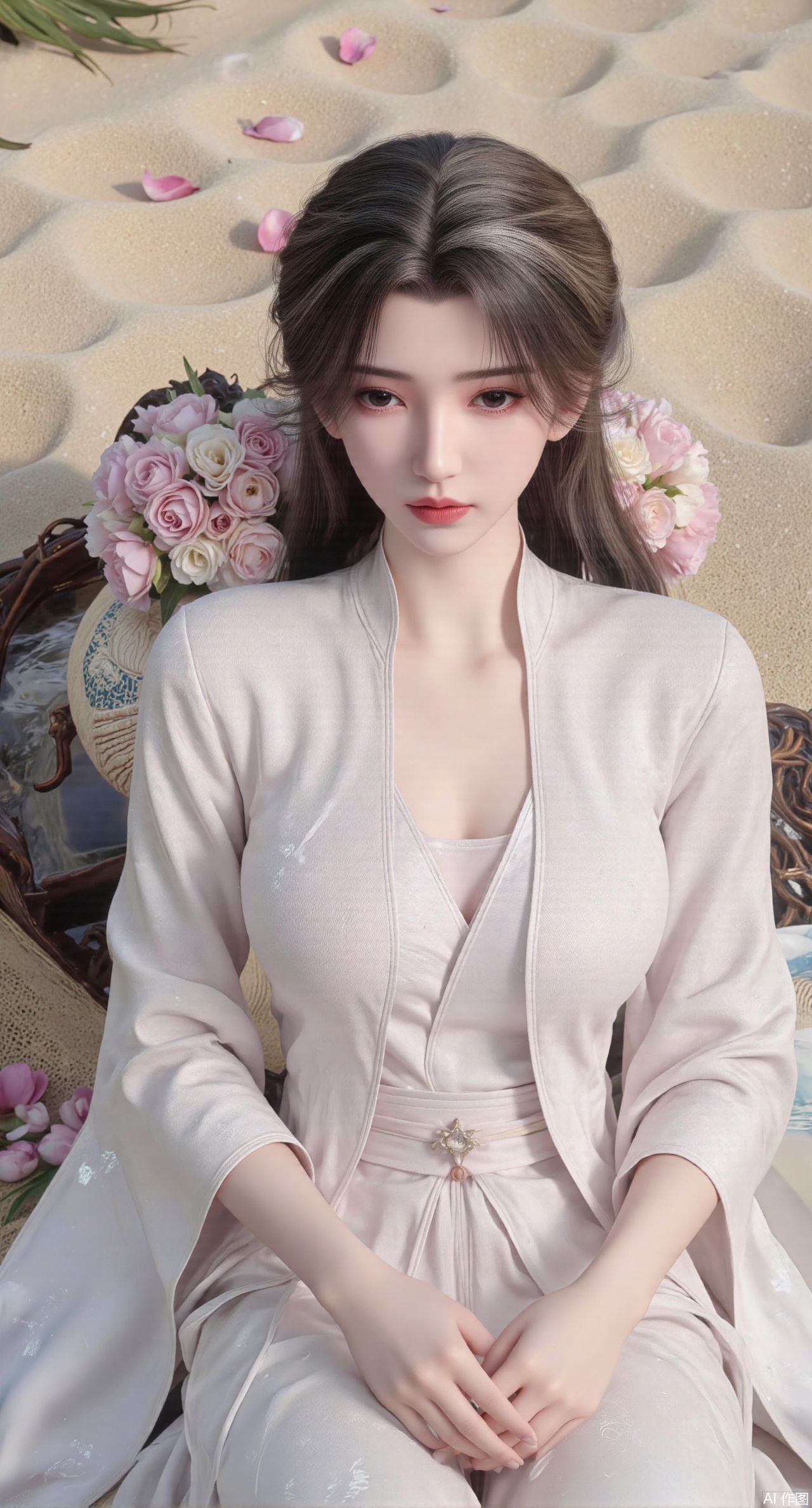 (masterpiece:1.2),best quality,absurdres,masterpiece,original,extremely detailed wallpaper,perfect lighting,Golden sandy beach covered with vibrant flowers, turquoise waves gently lapping the shore, , bright flower clusters spreading from sand to palm tree roots, soft natural light filtering through coconut leaves, ocean breeze lifting hair and qipao hem, high-resolution details showcasing petal textures and silk fabric sheen, ultra-wide angle lens capturing coastline panorama, cinematic color grading with soft focus on the central figure,(huge breasts:2.99),(full breasts:2.99),(pink rose flowers:1.39),Xanmiaoyi,Xyunwangshu,XlishaoyinY,Xbaixue,XanmiaoyiY,Xxiuqiuhua,XbaiyuerongY,XyunyunX,XqingnvzongZM,Xjuzi,Xshangguanweier,XanmiaoyiXY,XyunyunXY,Xjiangziyue,Xmeining,Xweinina,Xlenhuan,Xbabata,Xhuajin,Xjiangbilan,XbaihehuaiX,Xfuxinyun,Xhumeier,XhewanyuzhiyaoY,XlimuwanBF