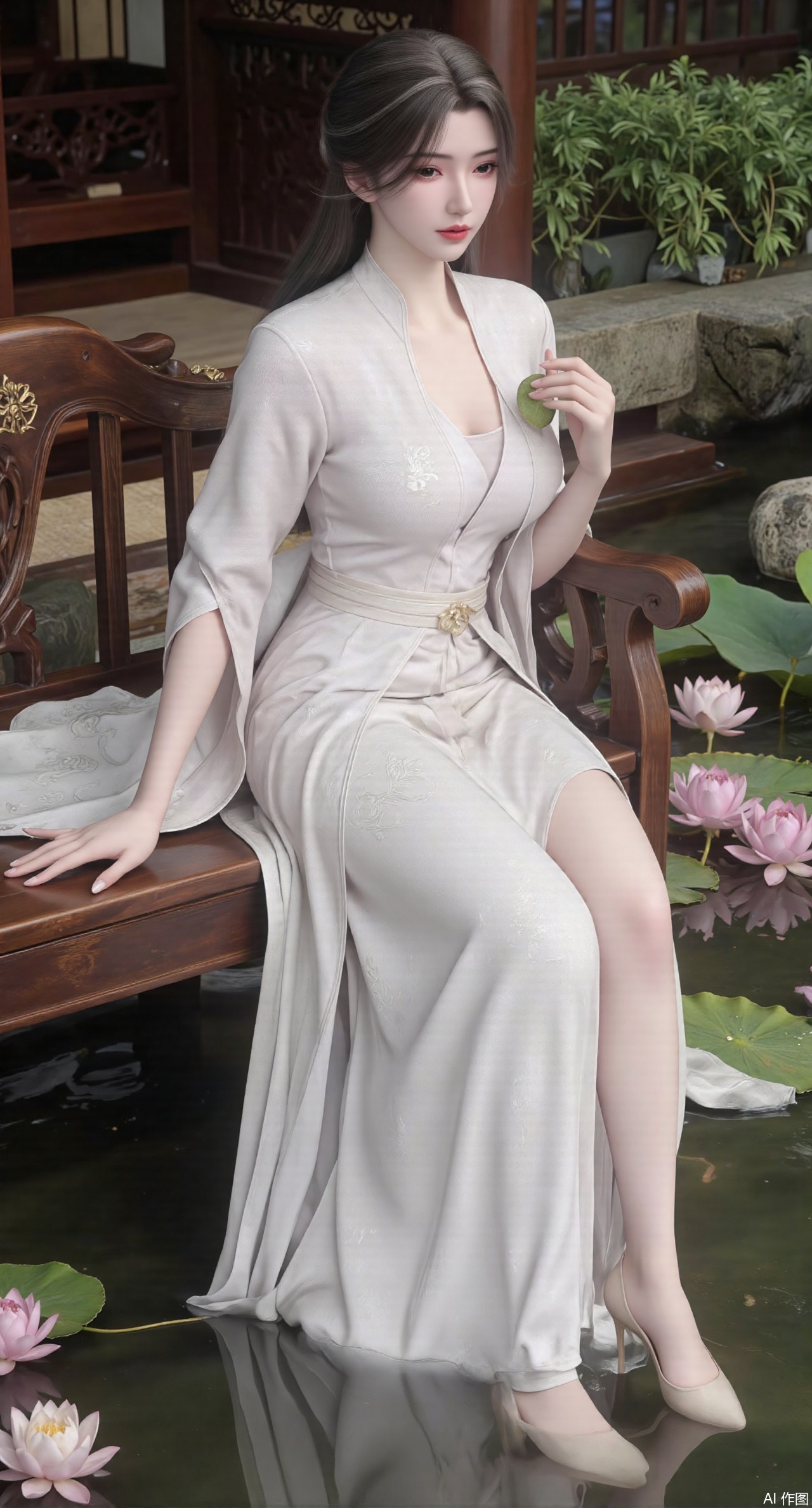 (masterpiece:1.2),best quality,The image is a digital illustration of a young woman sitting on a wooden bench in a pond with lily pads. She is wearing a long dress with design on the chest and sleeves. The dress has a high neckline and short sleeves,Holding a lotus in hand. She has long dark hair styled in loose waves and is wearing gold high heels. The woman is posing with one hand on her hip and the other resting on the edge of the bench. The background is filled with pink and white lotus flowers and green leaves. The overall mood of the image is peaceful and serene,(huge breasts:2.99),(full breasts:2.99),(Background with traditional Chinese architecture, lotus pond and pink lotus flowers:1.39),Xanmiaoyi,Xyunwangshu,XlishaoyinY,Xbaixue,XanmiaoyiY,Xxiuqiuhua,XbaiyuerongY,XyunyunX,XqingnvzongZM,Xjuzi,Xshangguanweier,XanmiaoyiXY,XyunyunXY,Xjiangziyue,Xmeining,Xweinina,Xlenhuan,Xbabata,Xhuajin,Xjiangbilan,XbaihehuaiX,Xfuxinyun,Xhumeier,XhewanyuzhiyaoY,XlimuwanBF