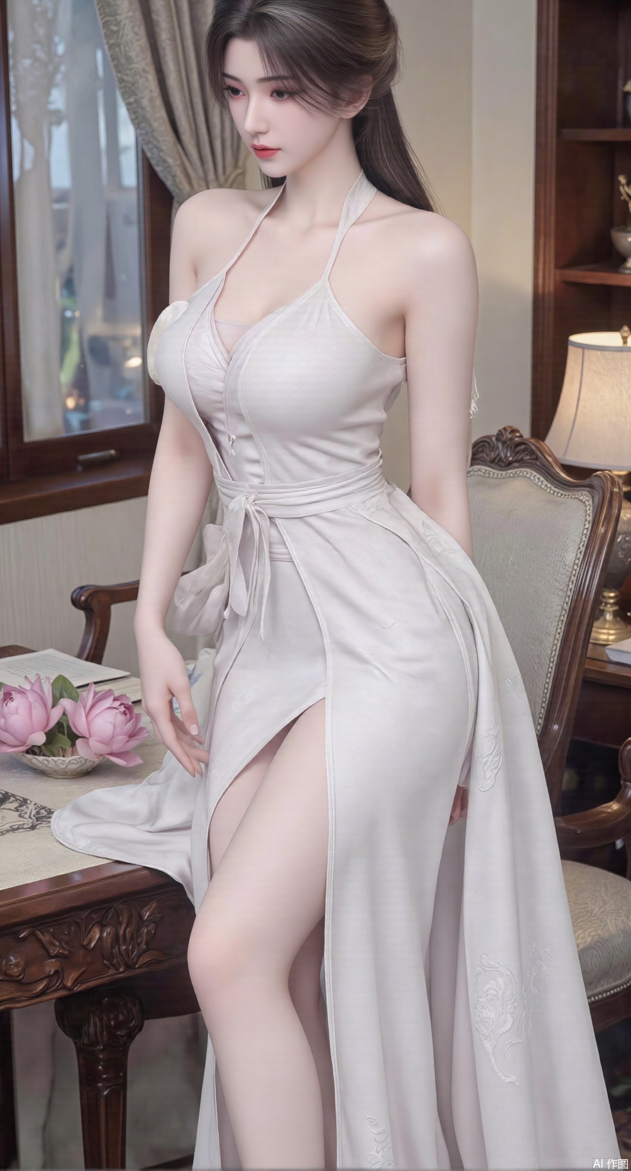  (masterpiece:1.2),best quality,Ultra clear, wallpaper, 8k, masterpiece, 1girl, solo, long hair, breasts, looking at viewer, bangs, large breasts,long dress,, bare shoulders, jewelry, black hair, standing, purple eyes, full body, flower, thighs, indoors, hair bun, long dress, high heels, cup, see-through, book, bare legs, window, table, white footwear, standing on one leg, curtains, pink flower, side slit, vase, ,(huge breasts:2.99),(full breasts:2.99),(pink lotus flowers:1.39),,Xanmiaoyi,Xyunwangshu,XlishaoyinY,Xbaixue,XanmiaoyiY,Xxiuqiuhua,XbaiyuerongY,XyunyunX,XqingnvzongZM,Xjuzi,Xshangguanweier,XanmiaoyiXY,XyunyunXY,Xjiangziyue,Xmeining,Xweinina,Xlenhuan,Xbabata,Xhuajin,Xjiangbilan,XbaihehuaiX,Xfuxinyun,Xhumeier,XhewanyuzhiyaoY,XlimuwanBF