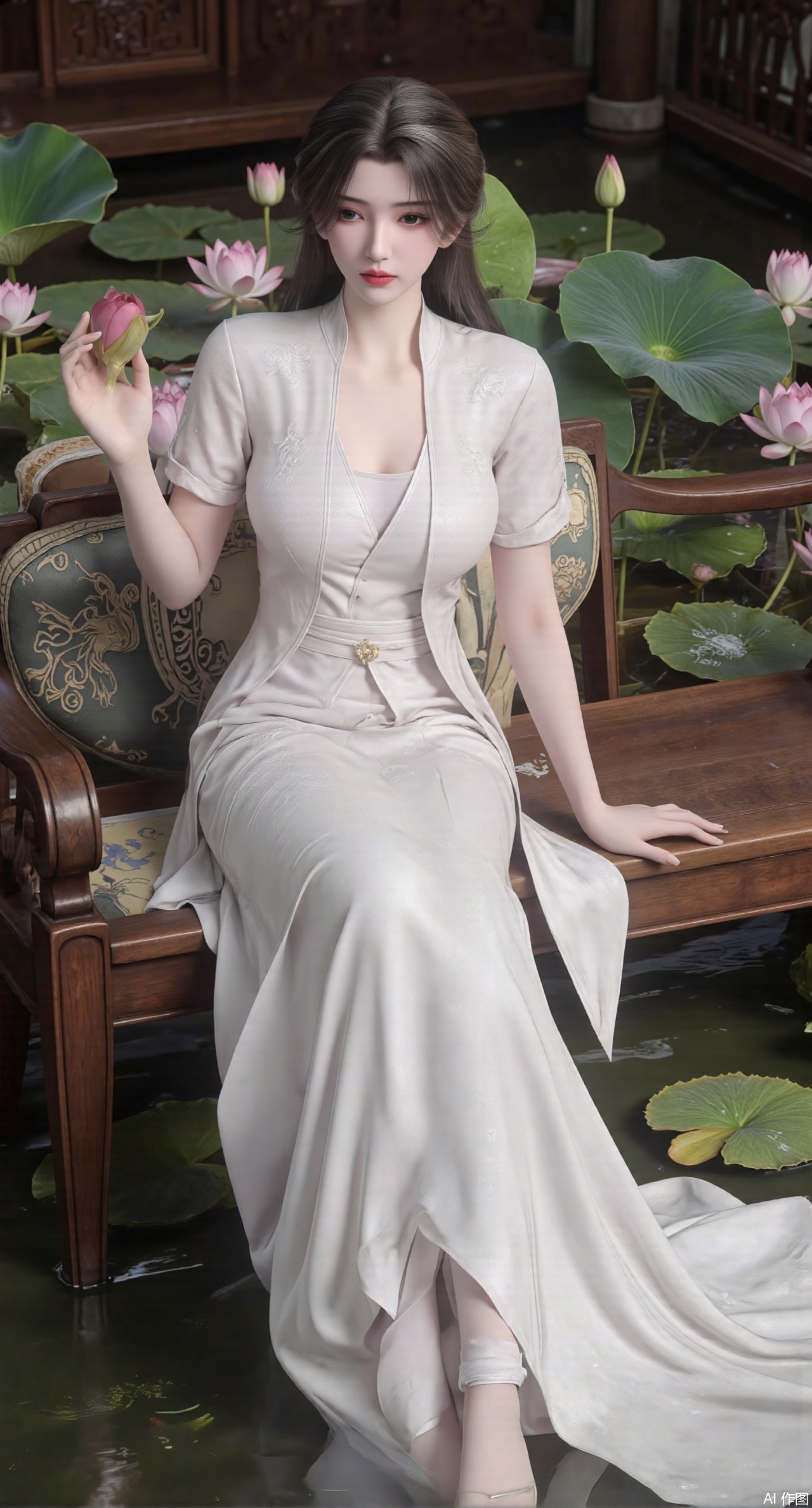 (masterpiece:1.2),best quality,The image is a digital illustration of a young woman sitting on a wooden bench in a pond with lily pads. She is wearing a long dress with design on the chest and sleeves. The dress has a high neckline and short sleeves,Holding a lotus in hand. She has long dark hair styled in loose waves and is wearing gold high heels. The woman is posing with one hand on her hip and the other resting on the edge of the bench. The background is filled with pink and white lotus flowers and green leaves. The overall mood of the image is peaceful and serene,(huge breasts:2.99),(full breasts:2.99),(Background with traditional Chinese architecture, lotus pond and pink lotus flowers:1.39),Xanmiaoyi,Xyunwangshu,XlishaoyinY,Xbaixue,XanmiaoyiY,Xxiuqiuhua,XbaiyuerongY,XyunyunX,XqingnvzongZM,Xjuzi,Xshangguanweier,XanmiaoyiXY,XyunyunXY,Xjiangziyue,Xmeining,Xweinina,Xlenhuan,Xbabata,Xhuajin,Xjiangbilan,XbaihehuaiX,Xfuxinyun,Xhumeier,XhewanyuzhiyaoY,XlimuwanBF