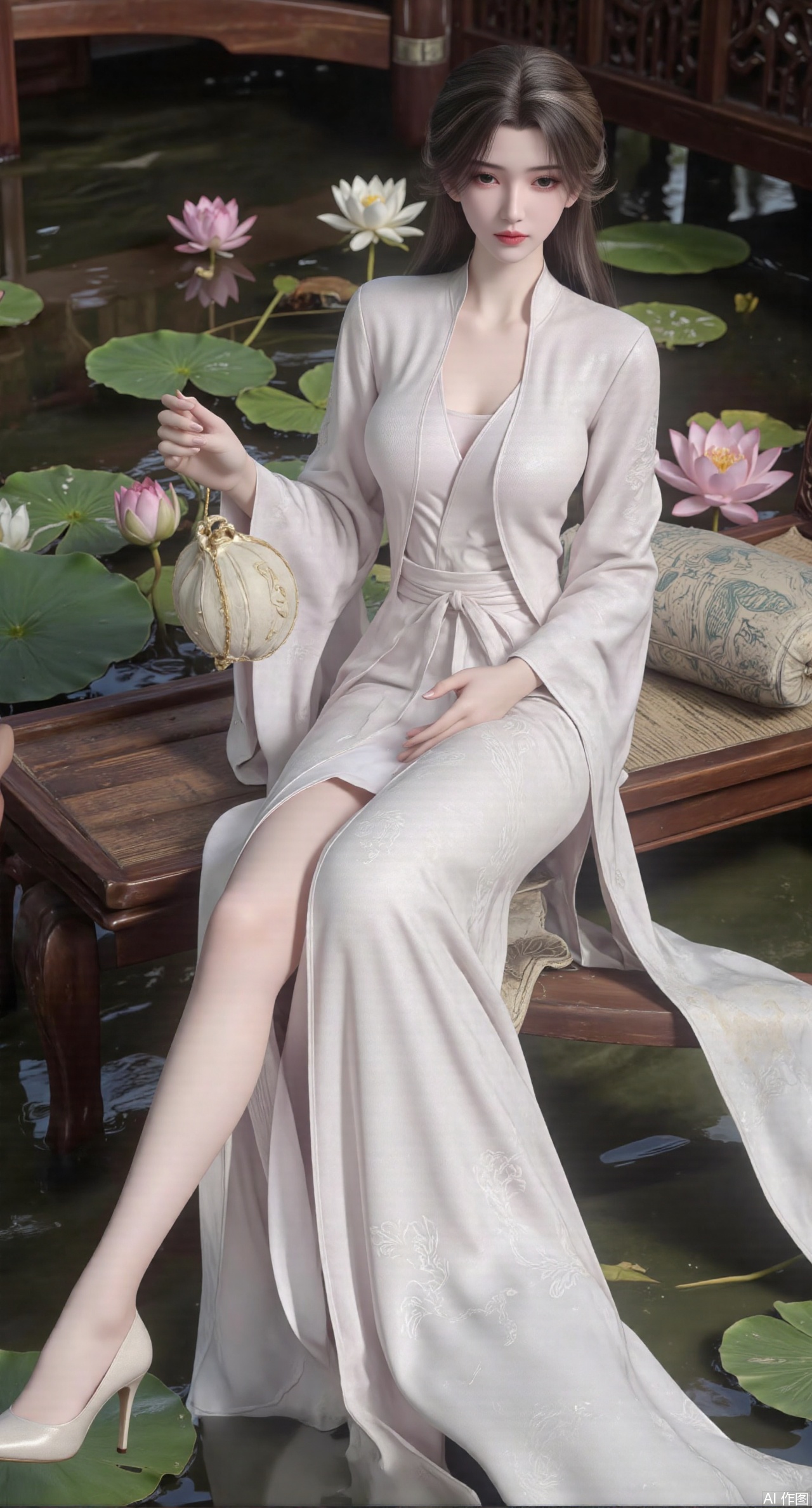 (masterpiece:1.2),best quality,The image is a digital illustration of a young woman sitting on a wooden bench in a pond with lily pads. She is wearing a long dress with design on the chest and sleeves. The dress has a high neckline and short sleeves,Holding a lotus in hand. She has long dark hair styled in loose waves and is wearing gold high heels. The woman is posing with one hand on her hip and the other resting on the edge of the bench. The background is filled with pink and white lotus flowers and green leaves. The overall mood of the image is peaceful and serene,(huge breasts:2.99),(full breasts:2.99),(Background with traditional Chinese architecture, lotus pond and pink lotus flowers:1.39),Xanmiaoyi,Xyunwangshu,XlishaoyinY,Xbaixue,XanmiaoyiY,Xxiuqiuhua,XbaiyuerongY,XyunyunX,XqingnvzongZM,Xjuzi,Xshangguanweier,XanmiaoyiXY,XyunyunXY,Xjiangziyue,Xmeining,Xweinina,Xlenhuan,Xbabata,Xhuajin,Xjiangbilan,XbaihehuaiX,Xfuxinyun,Xhumeier,XhewanyuzhiyaoY,XlimuwanBF