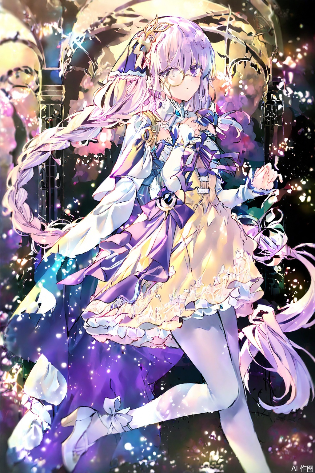 masterpiece,best quality,illustration,ultra detailed,hdr,Depth of field,Artist rokusai,1girl,solo,looking_at_viewer,Lagrange(Arcaea),long hair,yellow dress,purple bow,purple eyes,purple hair,purple ribbon,long braid,hair ornament,sidelock,white cape shoulder,purple ribbon,white pantyhose,1 monocle on right eye,low heels shoes