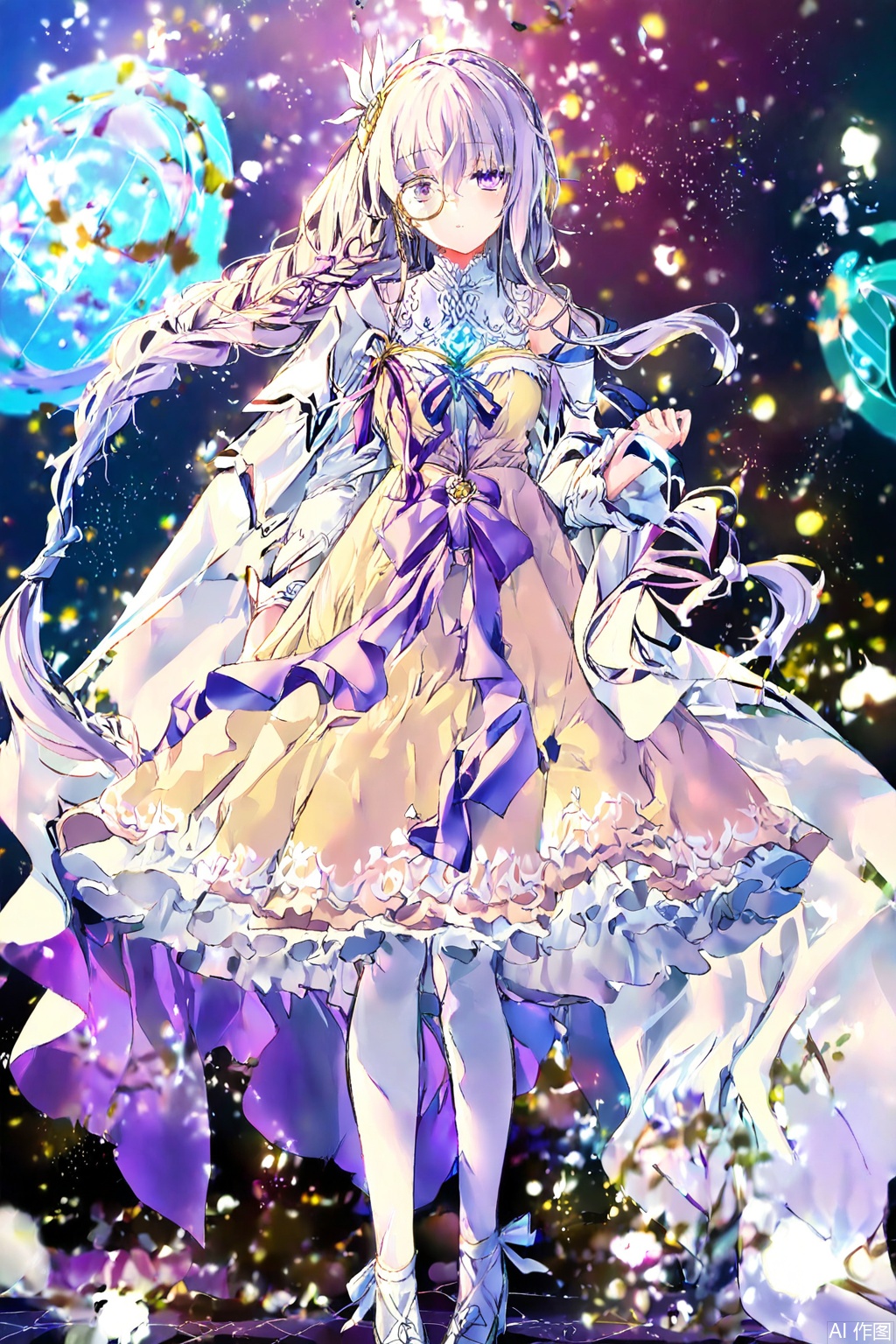 masterpiece,best quality,illustration,ultra detailed,hdr,Depth of field,Artist rokusai,1girl,solo,looking_at_viewer,Lagrange(Arcaea),long hair,yellow dress,purple bow,purple eyes,purple hair,purple ribbon,long braid,hair ornament,sidelock,white cape shoulder,purple ribbon,white pantyhose,1 monocle on right eye,low heels shoes