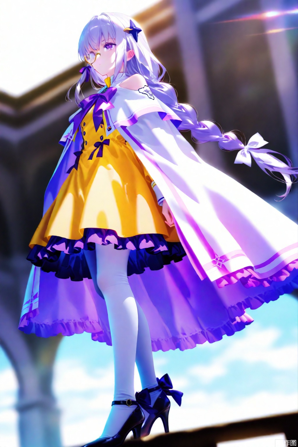 masterpiece,illustration,ultra detailed,hdr,Depth of field,Lagrange(Arcaea),1girl,solo,long hair,yellow dress,purple bow,purple eyes,purple hair,purple ribbon,long braid,hair ornament,sidelock,white cape shoulder,purple ribbon,white pantyhose,1 monocle on right eye,low heels shoes
