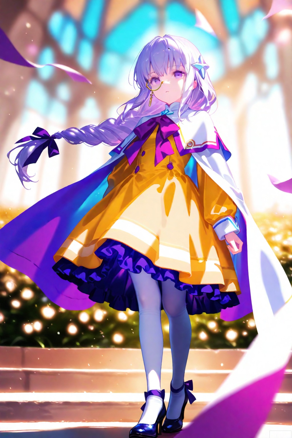 masterpiece,illustration,ultra detailed,hdr,Depth of field,Lagrange(Arcaea),1girl,solo,long hair,yellow dress,purple bow,purple eyes,purple hair,purple ribbon,long braid,hair ornament,sidelock,white cape shoulder,purple ribbon,white pantyhose,1 monocle on right eye,low heels shoes