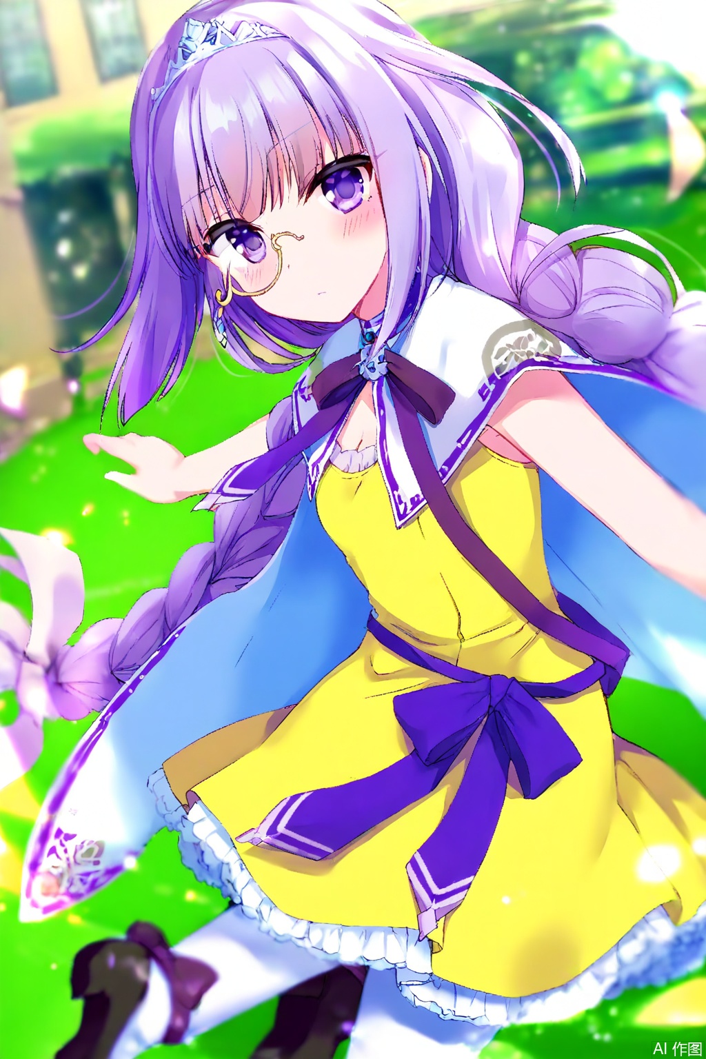 masterpiece,best quality,illustration,ultra detailed,hdr,Depth of field,Artist rokusai,1girl,solo,looking_at_viewer,Lagrange(Arcaea),long hair,yellow dress,purple bow,purple eyes,purple hair,purple ribbon,long braid,hair ornament,sidelock,white cape shoulder,purple ribbon,white pantyhose,1 monocle on right eye,low heels shoes