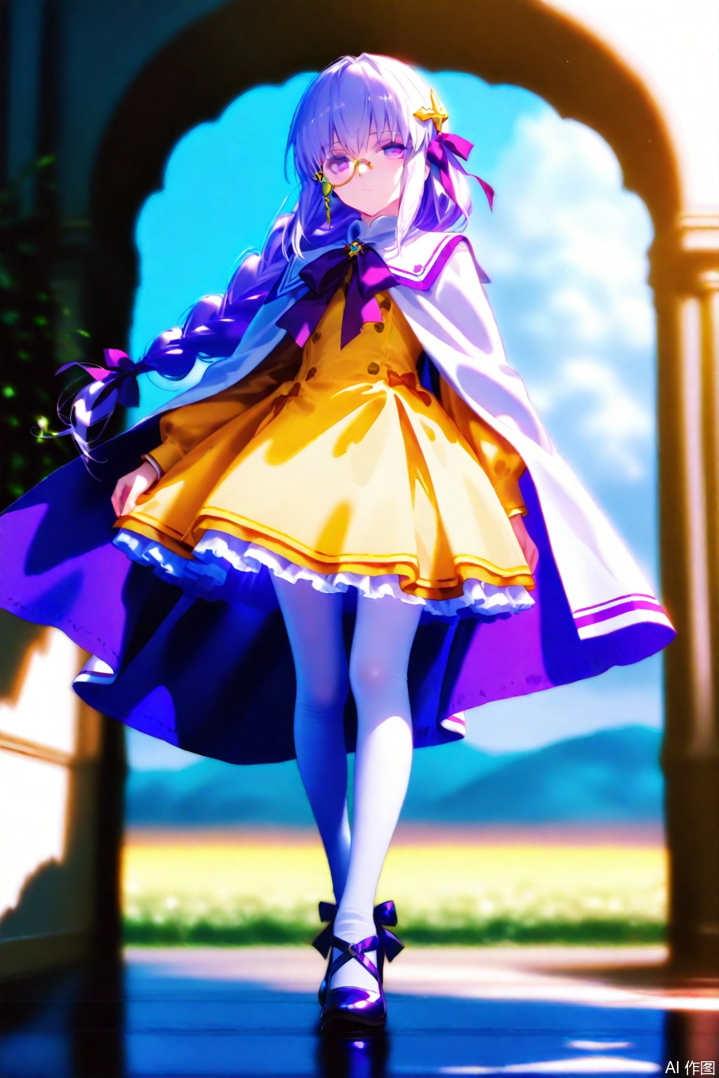 masterpiece,illustration,ultra detailed,hdr,Depth of field,Lagrange(Arcaea),1girl,solo,long hair,yellow dress,purple bow,purple eyes,purple hair,purple ribbon,long braid,hair ornament,sidelock,white cape shoulder,purple ribbon,white pantyhose,1 monocle on right eye,low heels shoes