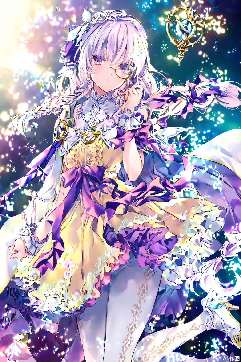 masterpiece,best quality,illustration,ultra detailed,hdr,Depth of field,Artist rokusai,1girl,solo,looking_at_viewer,Lagrange(Arcaea),long hair,yellow dress,purple bow,purple eyes,purple hair,purple ribbon,long braid,hair ornament,sidelock,white cape shoulder,purple ribbon,white pantyhose,1 monocle on right eye,low heels shoes