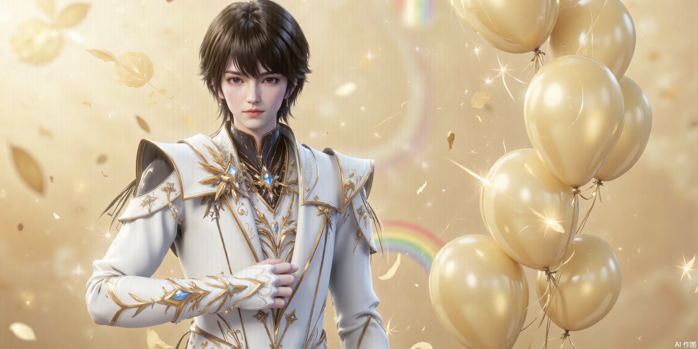 Boy, single, short hair, looking at the audience, sitting, upper body, close-up of upper body, brown hair, dress, closed mouth, men's dress, holding a beautiful cake with the word "love" written on it, eyes shining like a sea of stars, dreamy yellow background, and many balloons and rainbows, very beautiful.