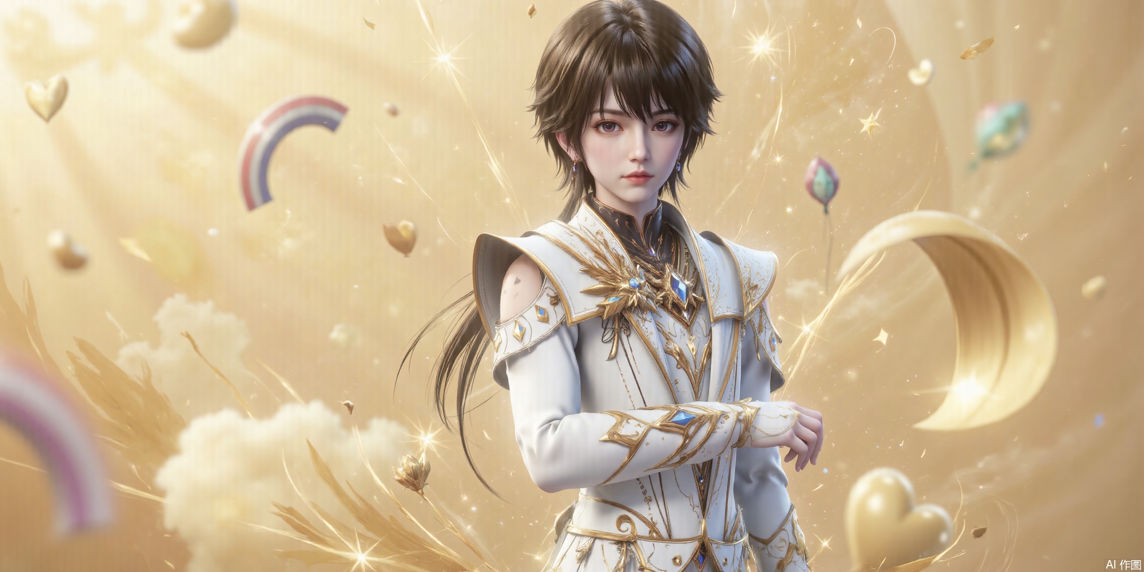Boy, single, short hair, looking at the audience, sitting, upper body, close-up of upper body, brown hair, dress, closed mouth, men's dress, holding a beautiful cake with the word "love" written on it, eyes shining like a sea of stars, dreamy yellow background, and many balloons and rainbows, very beautiful.