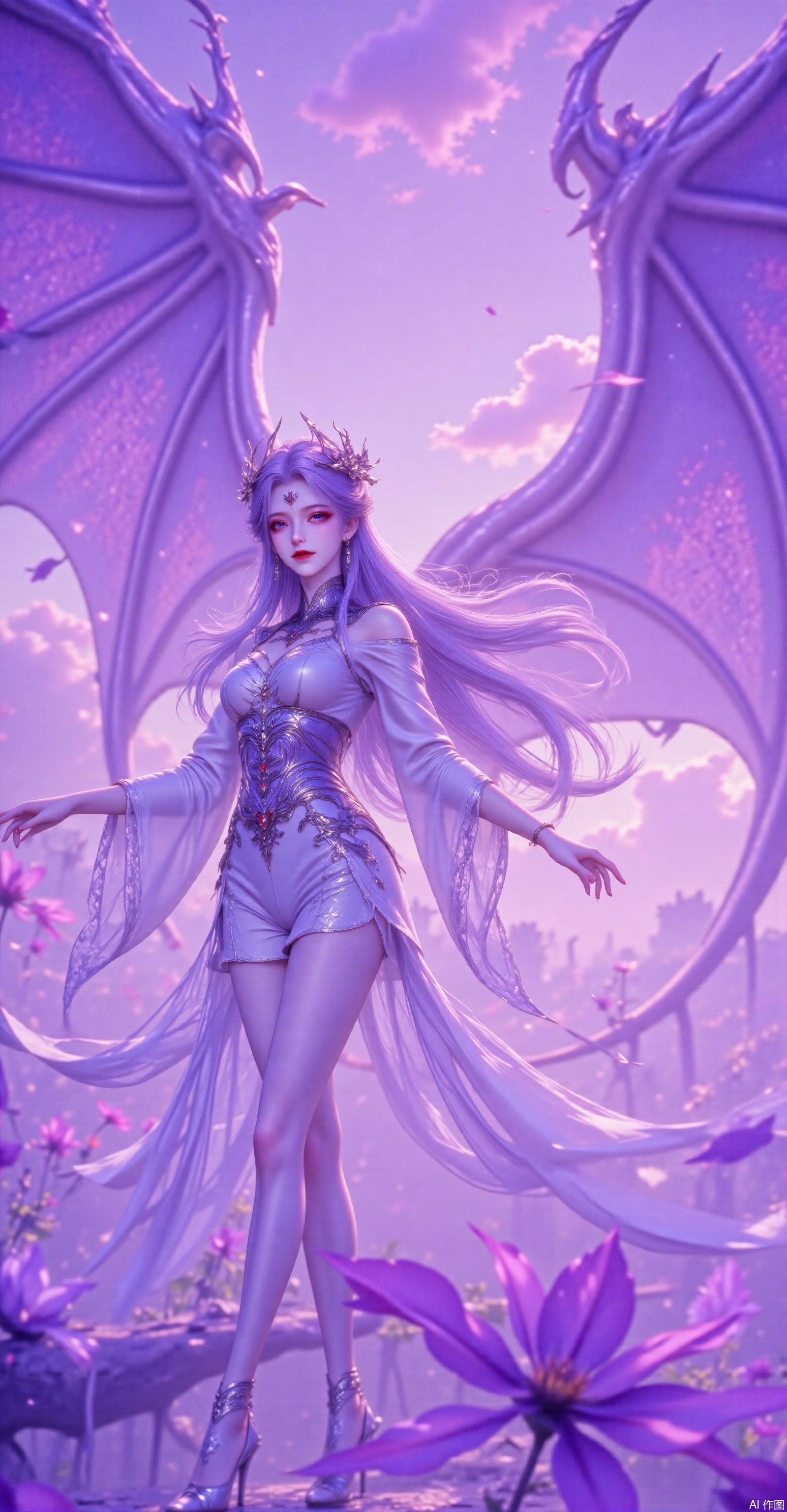 The background is a soft, ethereal blend of purples and blues, with faint outlines of what appear to be large, curved structures or wings, adding to the fantastical nature of the scene. The overall mood is one of elegance and mystery, with the subject seeming to emerge from a dream or a fantastical realm, emphasizing the surreal and fantastical elements of the artwork.