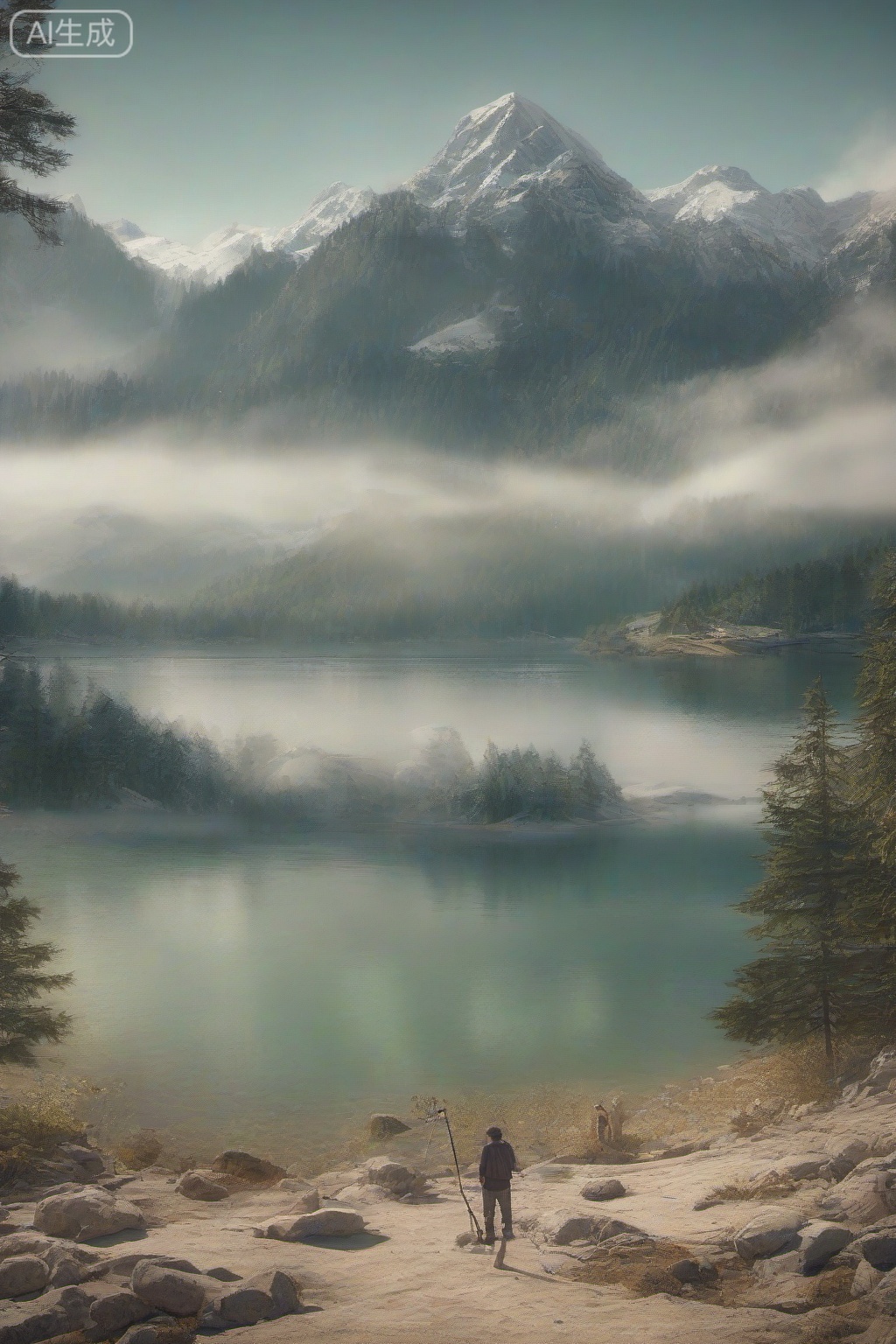 masterpiece, , The image depicts a serene natural landscape with a lake in the foreground, surrounded by a sandy beach. A person is standing near the water, appearing to be engaged in fishing. In the background, there are tall, rugged mountains with patches of snow and dense forests of evergreen trees. The scene is bathed in soft, natural light, suggesting it might be early morning or late afternoon. The overall atmosphere is peaceful and picturesque, typical of a mountainous region with a clear lake.
