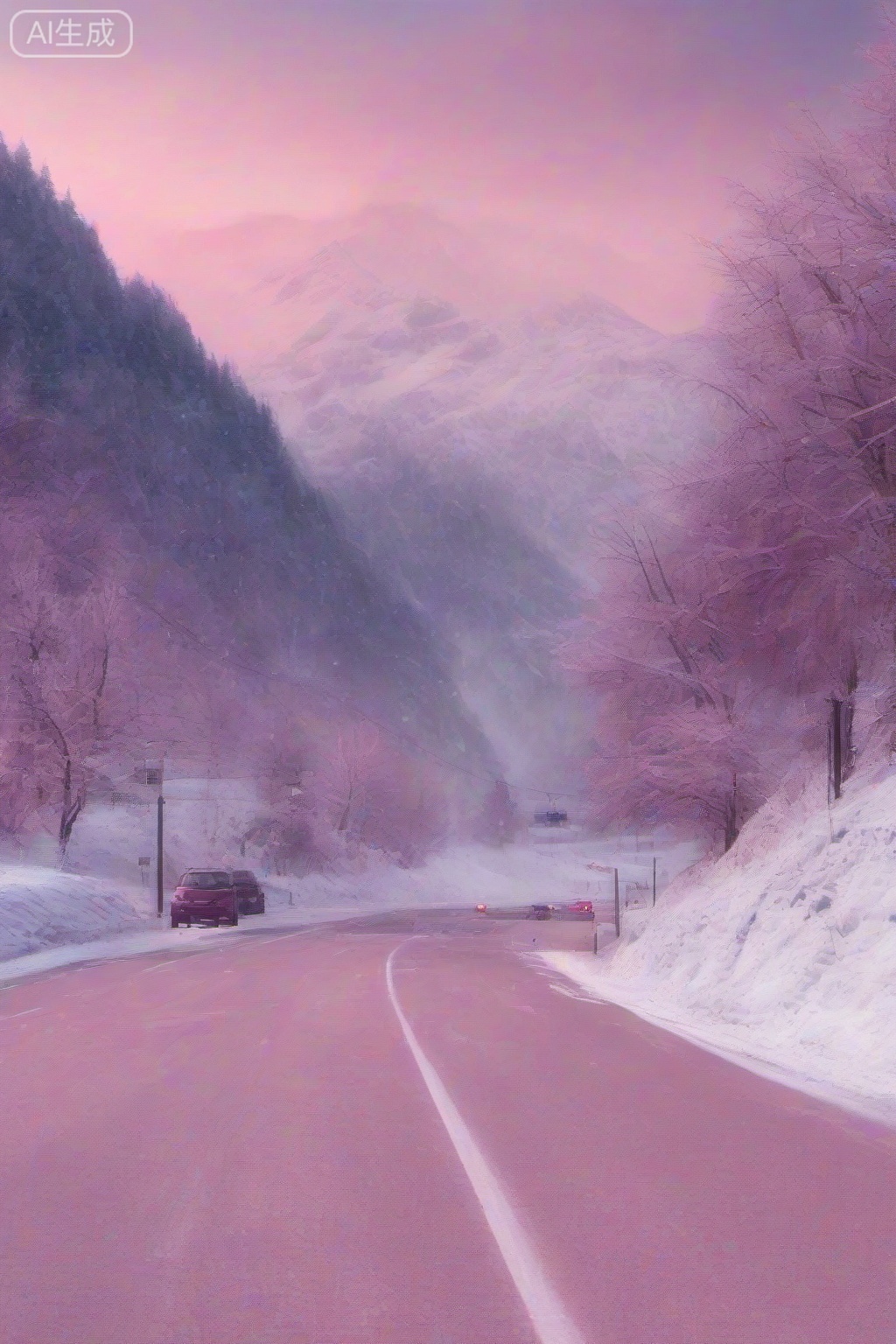 masterpiece, , The image depicts a serene winter landscape with snow-covered mountains in the background. The sky is painted with soft pink and purple hues, suggesting either dawn or dusk. In the foreground, there is a winding road that appears to be a mountain pass, with light trails from vehicles indicating movement. The road is surrounded by snow-covered hills, and there are a few small trees scattered across the landscape. The overall scene exudes tranquility and the beauty of nature.
