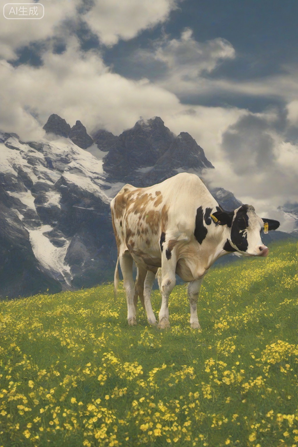 masterpiece, , The image shows a cow standing on a grassy field dotted with yellow flowers. The cow is brown and white, with a smooth and slightly glossy coat. The background features a majestic mountain range with snow-capped peaks under a partly cloudy sky. The mountains are rugged and steep, with some areas covered in snow, creating a striking contrast with the green meadow in the foreground. The overall scene is serene and picturesque, combining elements of nature and rural life.
