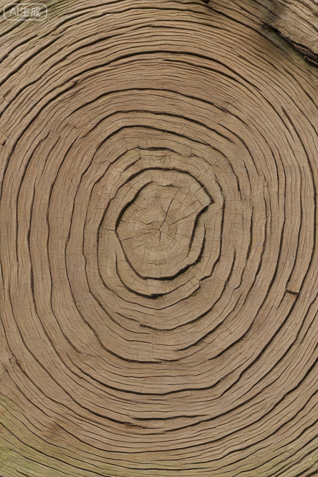 masterpiece, , The image shows a close-up of a tree log with concentric rings, which are typical of a tree trunk. On top of the central ring, there is a single green leaf with several lobes. The leaf is positioned slightly to the left and is resting on the rough surface of the log. The background is a continuation of the tree log, with the same concentric ring pattern visible. The overall color scheme is earthy, dominated by browns and greens.
