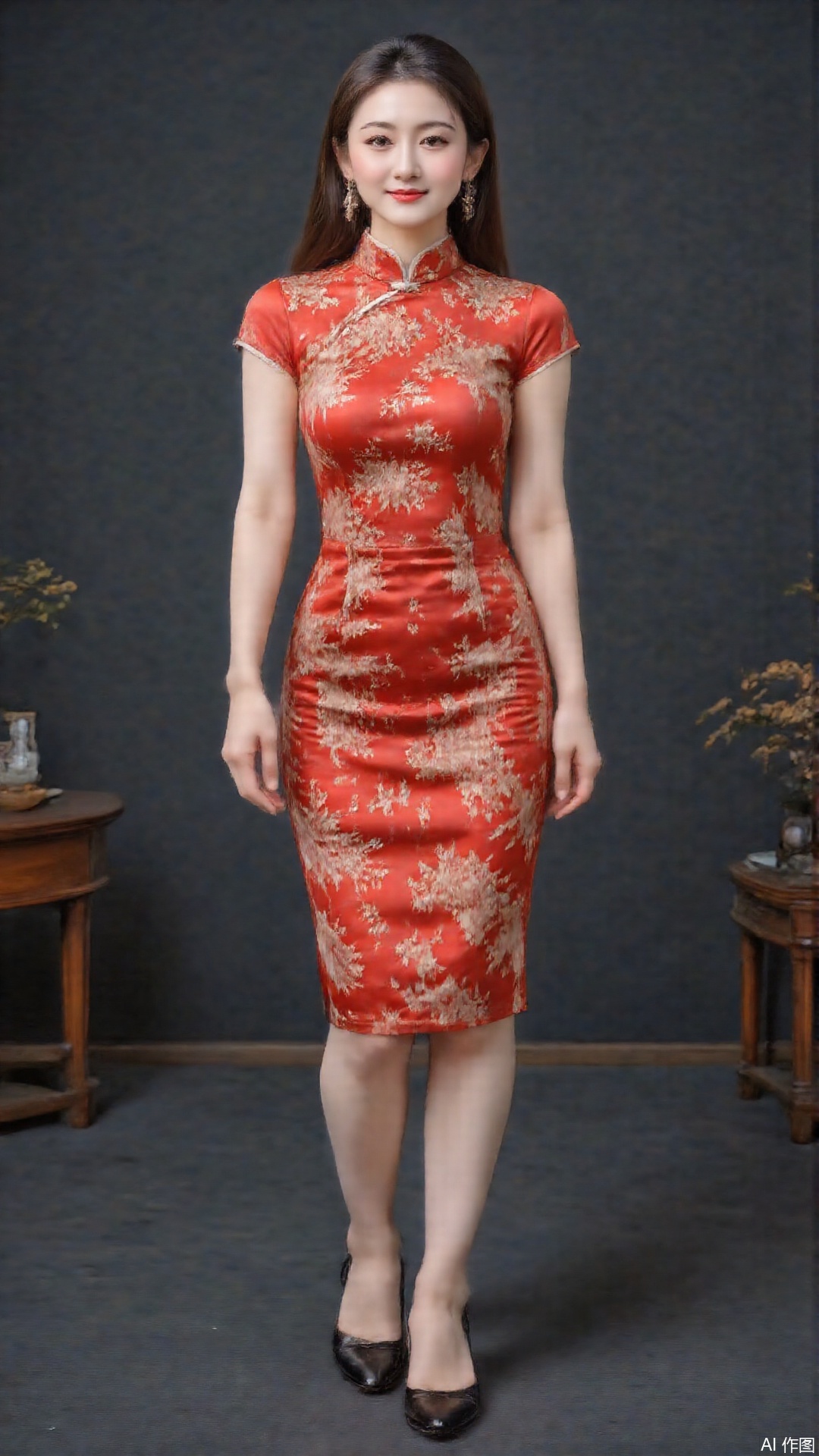 a girls,upper body,Busty, long-legged, highlighting her body curves, delicate facial features, bright lip color, showing a pure and energetic atmosphere.,slender-waisted,looking at viewer,fullbody,on the stage,standing,youlingniang ,jewelry,Short cheongsam with simple patterns,,pifu,skins,A real photo,small droplets,High - detail rendering, realistic style, dynamic composition, soft lighting, sharp focus, best quality,masterpiece,woman,1girl